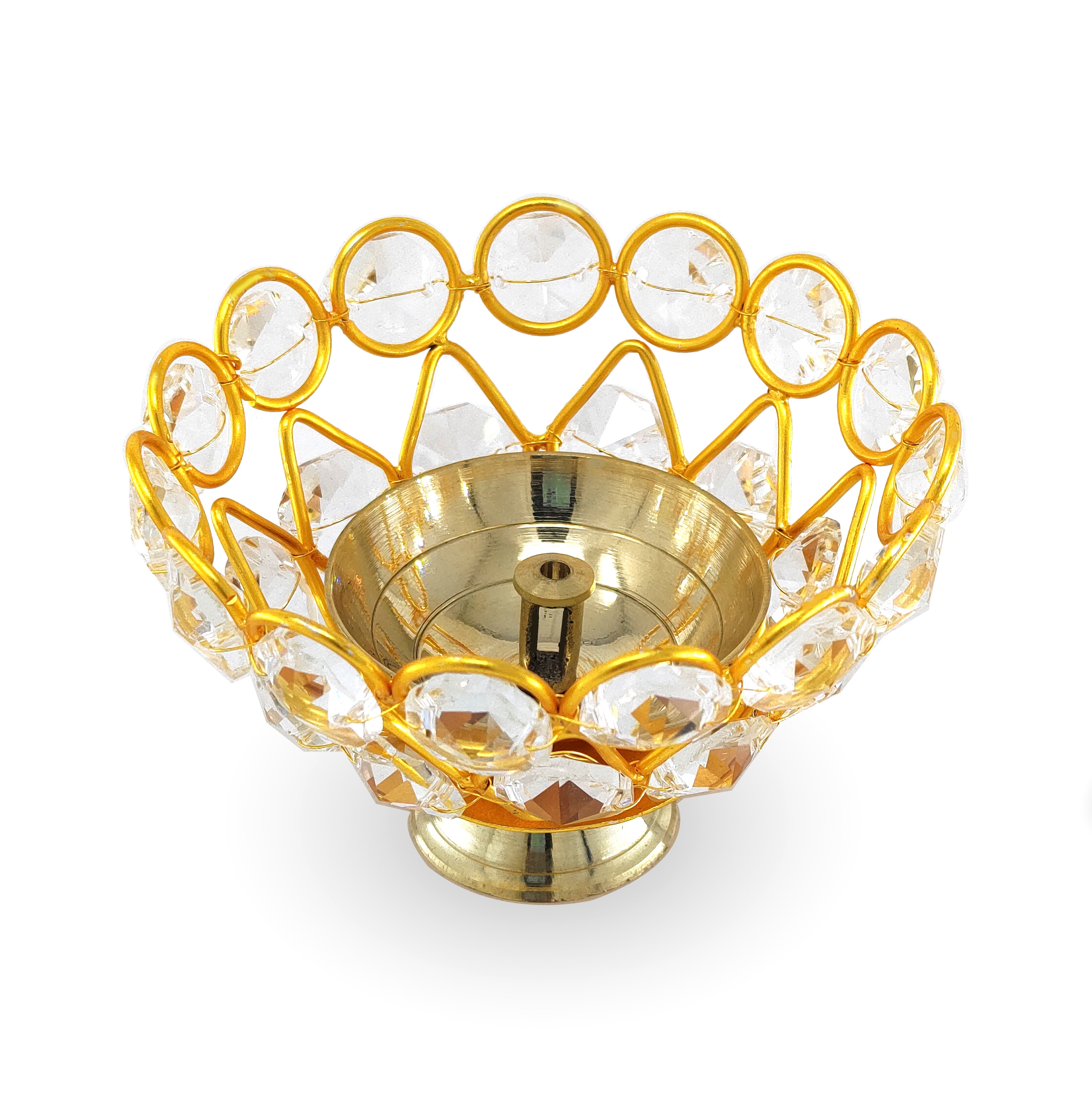 BENGALEN Crystal Diya with Red Velvet Gift Box Brass Chrystal Akhand Piyali Dia Pooja Items Diwali Decoration Puja Gifts Handmade Oil Lamp