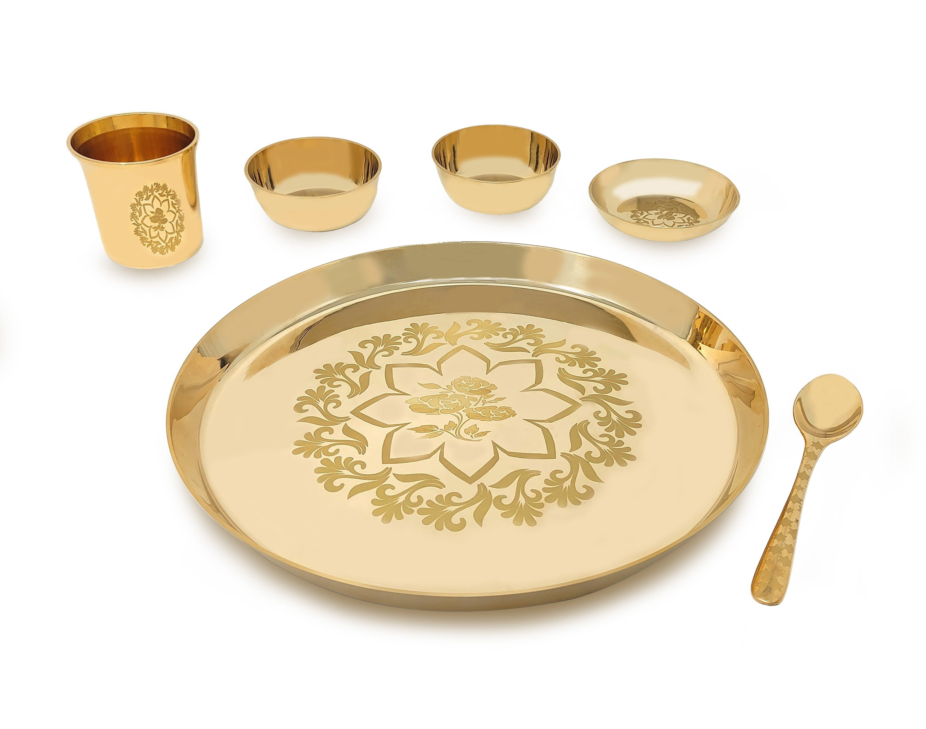 BENGALEN Brass Dinner Set 12 Inch Flower Design for Daily Use Annaprashan Sanskar Rice Ceremony Gift for Girls Boys Kids Adlut Festive Birthday Return Home Decorative Gifts Items