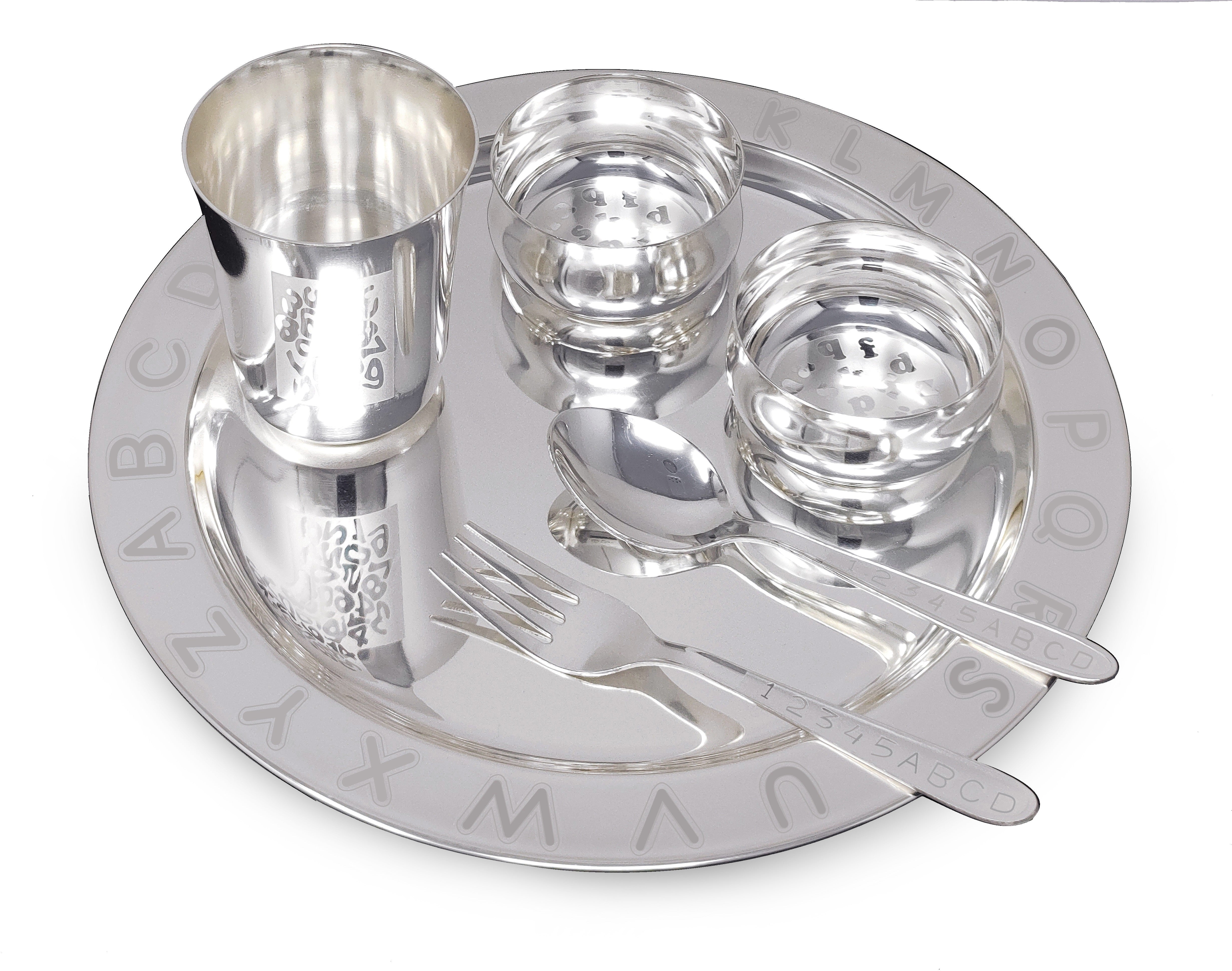 Bengalen Silver Plated Baby Dinner Set With Blue Velvet Box for Gift Rice Ceremony Annaprashan Sanskar for Boys Girls Kids Birthday Return Festive Gift Items