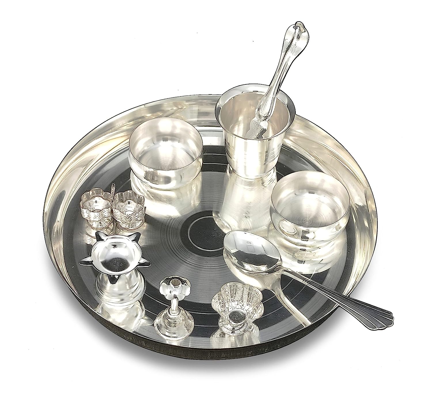 BENGALEN Pooja Thali Set 10 Inch Silver Plated with Accessories Daily Puja Decorative Item for Diwali Home Mandir Office Wedding Return Gift Items