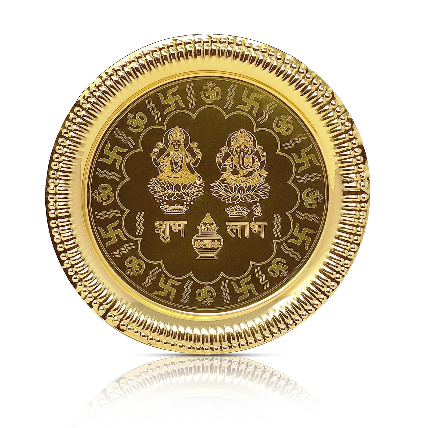 BENGALEN Pooja Thali Set Gold Plated with Gift Box Designed Puja Plate 22 CM Kalash Bowl Ghanti Spoon Dhup Dan Diya for Home Office Diwali Wedding Return Gift Items