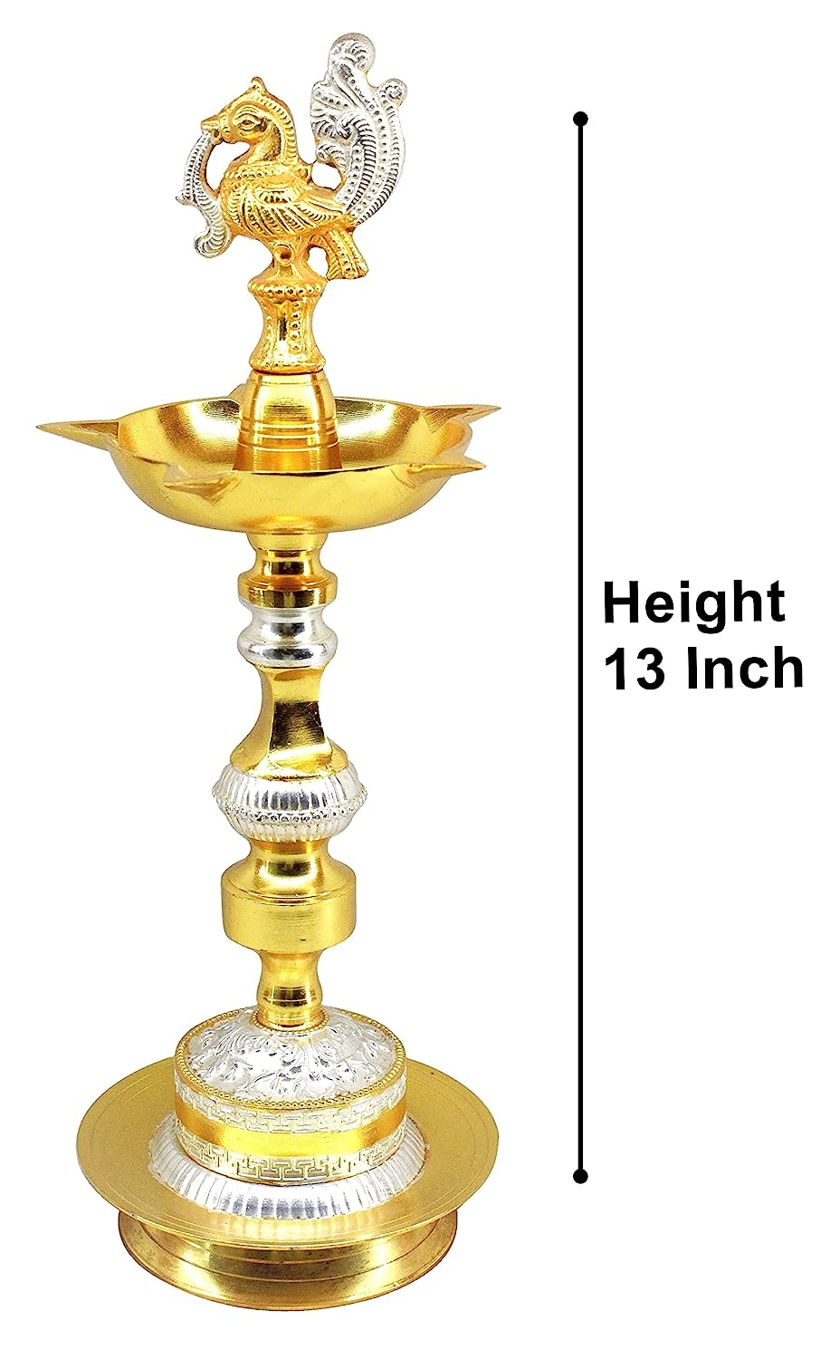 BENGALEN Diya 13 Inch Gold and Silver Plated Peacock Design Kerala Deepak
