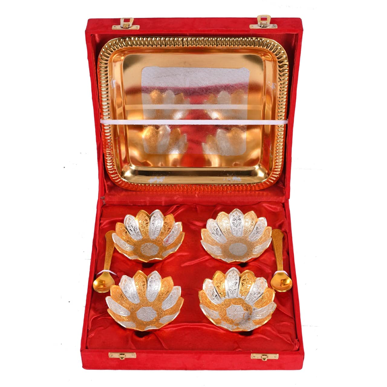 Bengalen Gold & Silver Plated Bowl, Spoon, Tray Set for Home Decorative Gift Items