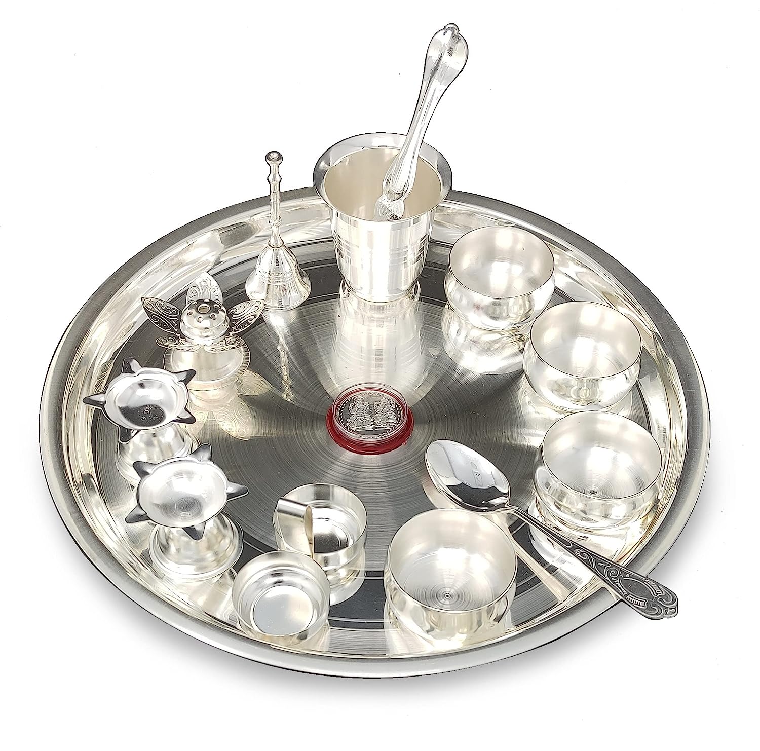 BENGALEN Silver Plated Pooja Thali Set 12 Inch with Accessories Daily Puja Decorative Gifts for Home Office Diwali Mandir Wedding Return Gift Items