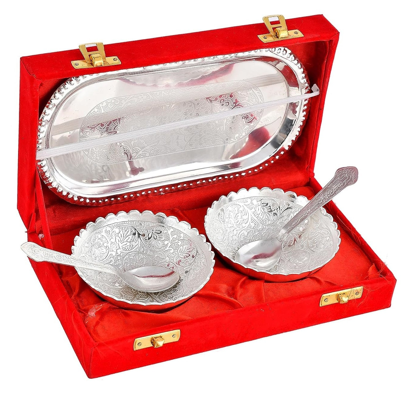 BENGALEN Silver Plated Bowl Spoon Tray Set Dessert Dry Fruits Serving Diwali Christmas Eid Wedding Return Gifts Friends Family Home Decoration Housewarming Corporate Gift Items
