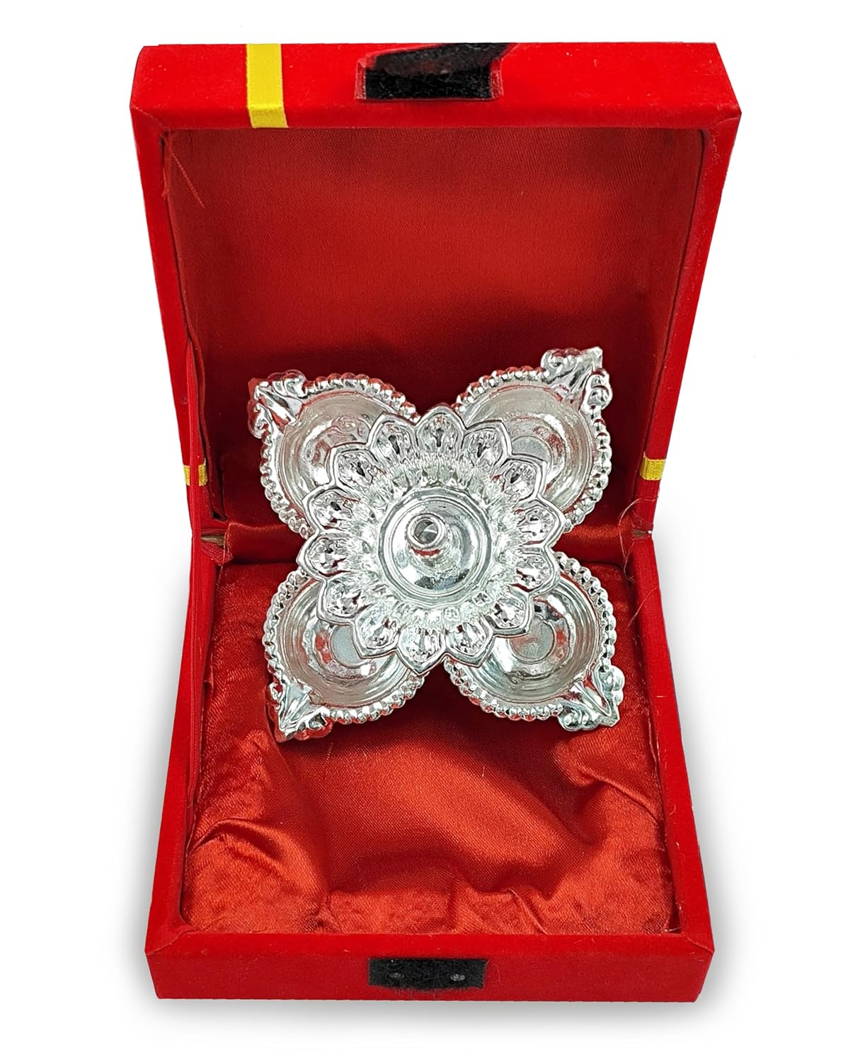 BENGALEN Silver Plated Diya with Red Velvet Gift Box Panchmukhi Dia Pooja Items Diwali Decoration Puja Gifts Handmade Oil Lamp Traditional Indian Deepawali Gift Items
