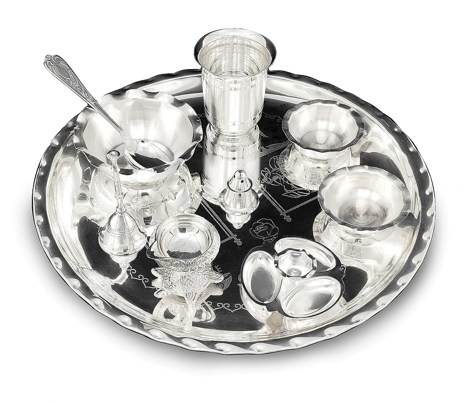 BENGALEN 12 Inch Silver Plated Pooja Thali Set with Accessories Daily Puja Decorative Gifts for Home Office Mandir Diwali Wedding Return Gift Items