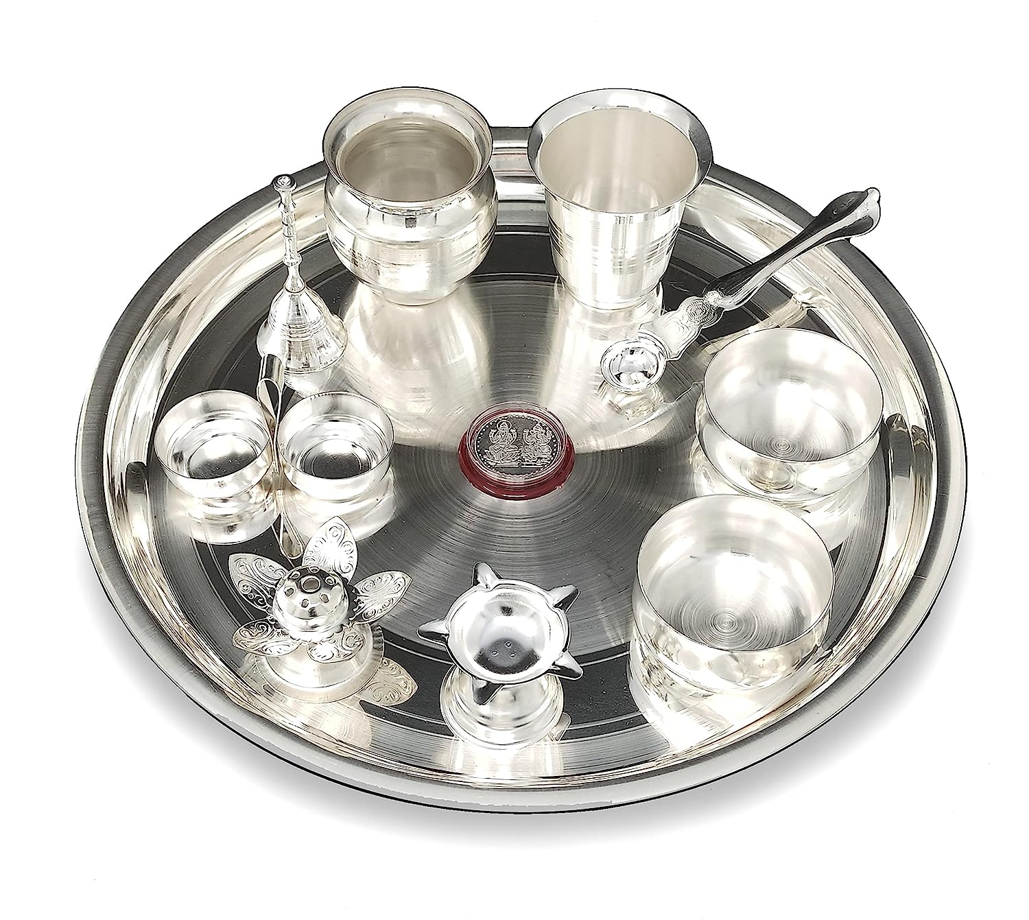 BENGALEN 12 Inch Silver Plated Pooja Thali Set with Accessories Daily Puja Decorative Gifts for Home Office Mandir Diwali Wedding Return Gift Items