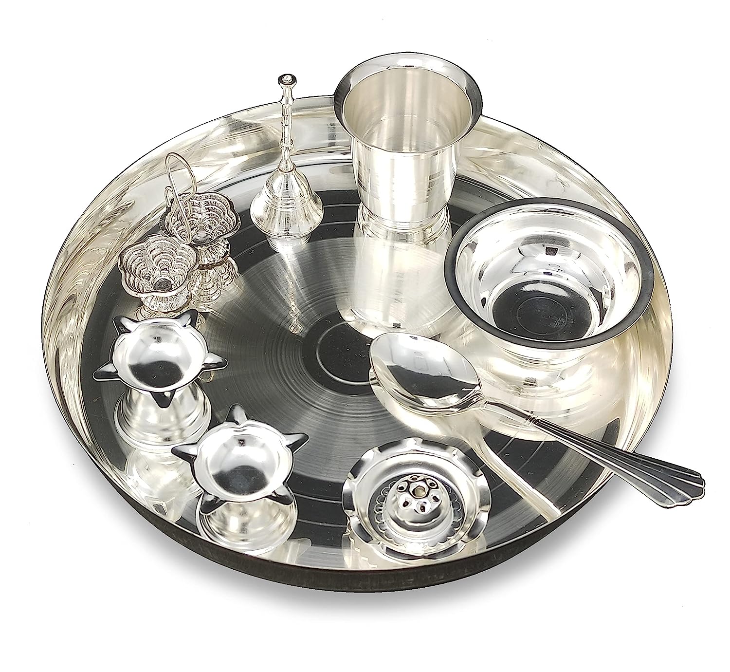 BENGALEN Silver Plated Pooja Thali Set 10 Inch with Accessories Daily Puja Decorative Item for Diwali Home Mandir Office Wedding Return Gift Items