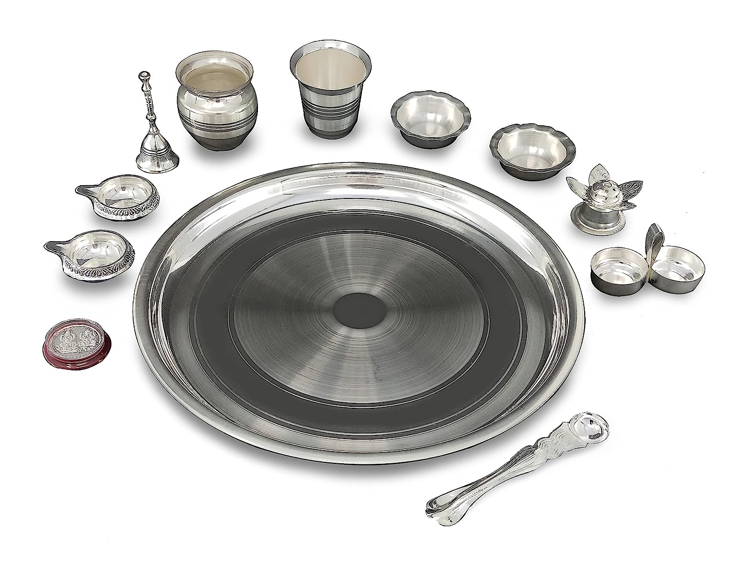 BENGALEN Silver Plated Pooja Thali Set 12 Inch with Accessories Puja Decorative Gifts for Daily Home Office Diwali Mandir Wedding Return Gift Items