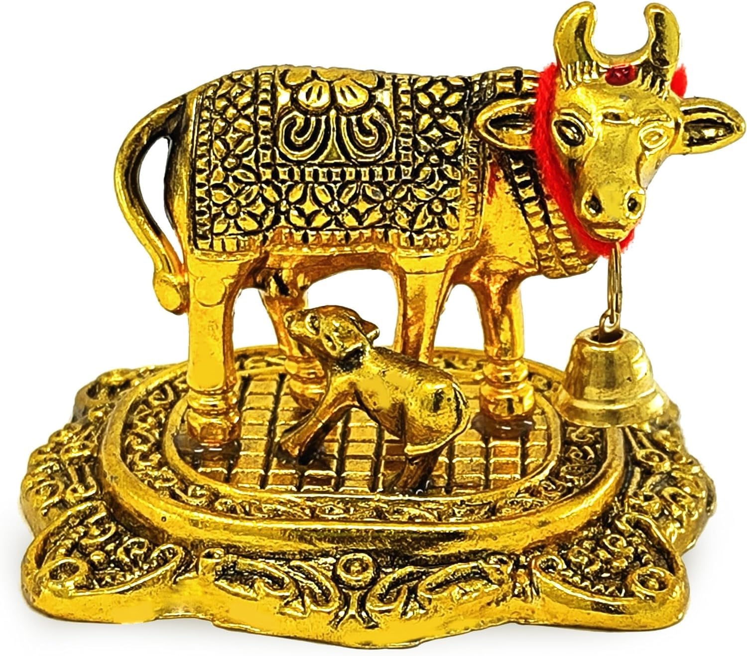 BENGALEN Small Kamdhenu Cow with Calf Gold Plated Statue Decorative Diwali Gift Items Showpiece for Home Office Decoration Item Family Friends Relative Return Gifts