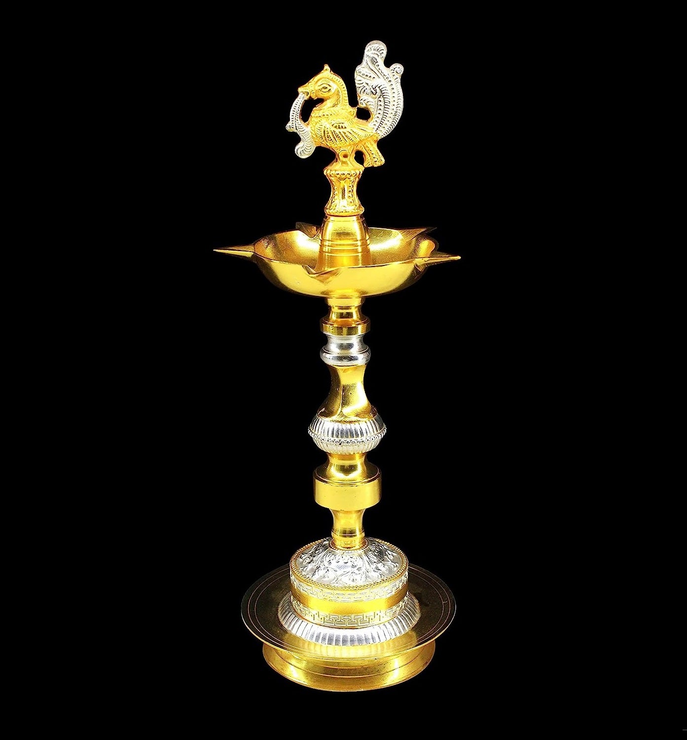 BENGALEN Diya 13 Inch Gold and Silver Plated Peacock Design Kerala Deepak