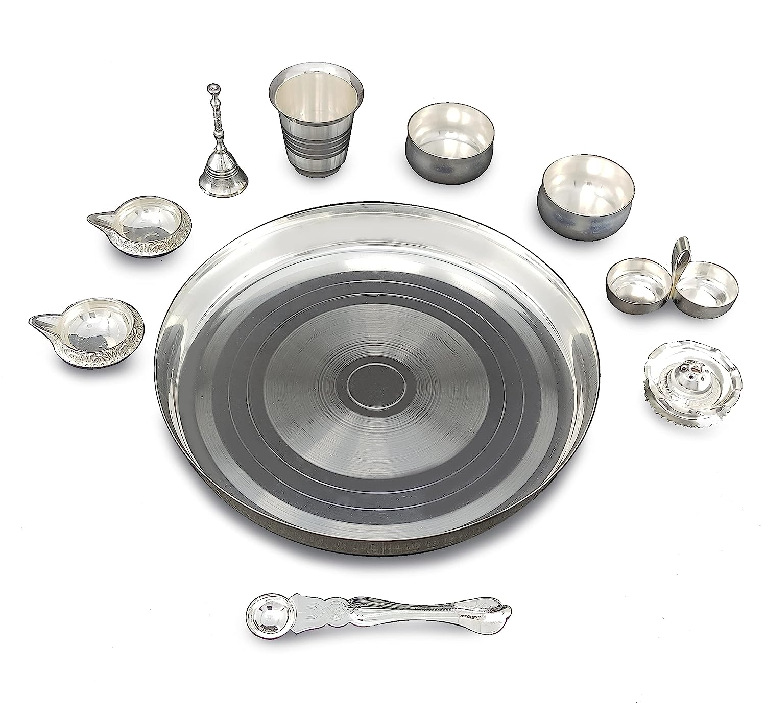 BENGALEN Silver Plated Pooja Thali Set 12 Inch with Accessories Daily Puja Decorative Item for Home Mandir Office Diwali Wedding Return Gift Items