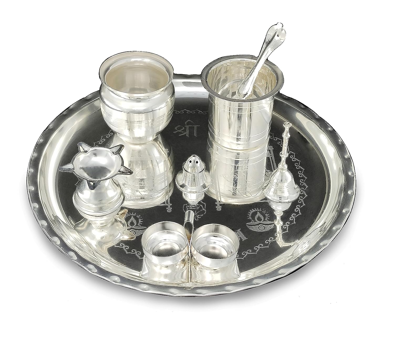 BENGALEN Silver Plated Pooja Thali Set 12 Inch with Accessories Daily Puja Decorative Gifts for Home Office Mandir Diwali Wedding Return Gift Items