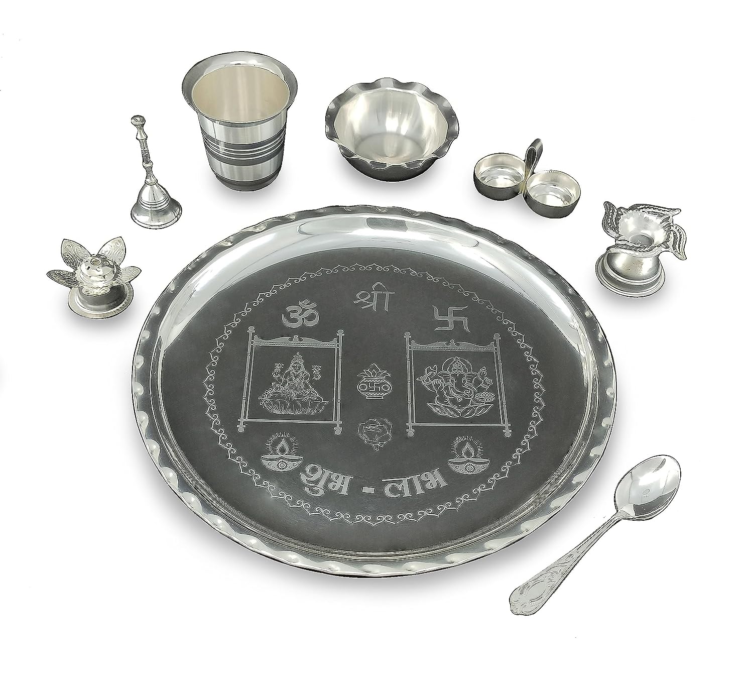 BENGALEN 12 Inch Silver Plated Pooja Thali Set with Accessories Daily Puja Decorative Gifts for Home Office Mandir Diwali Wedding Return Gift Items