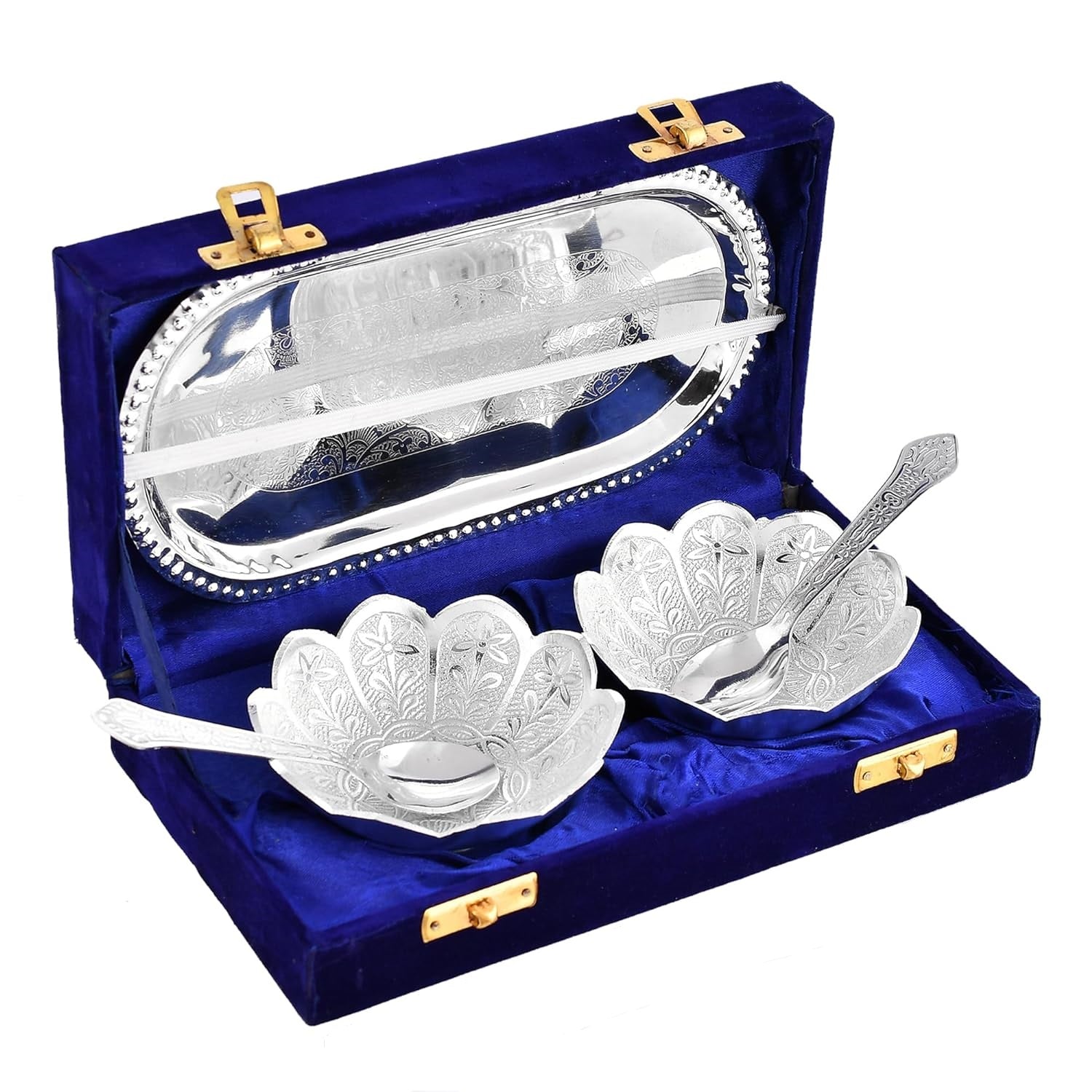 BENGALEN Silver Plated Bowl Spoon Tray Set Dessert Dry Fruits Serving Diwali Christmas Eid Wedding Return Gifts Friends Family Home Decoration Housewarming Corporate Gift Items