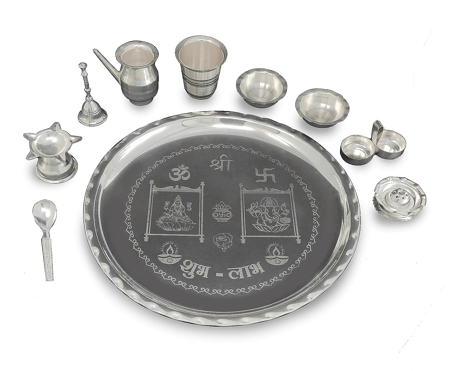 BENGALEN 12 Inch Silver Plated Pooja Thali Set with Accessories Daily Puja Decorative Gifts for Home Office Mandir Diwali Wedding Return Gift Items