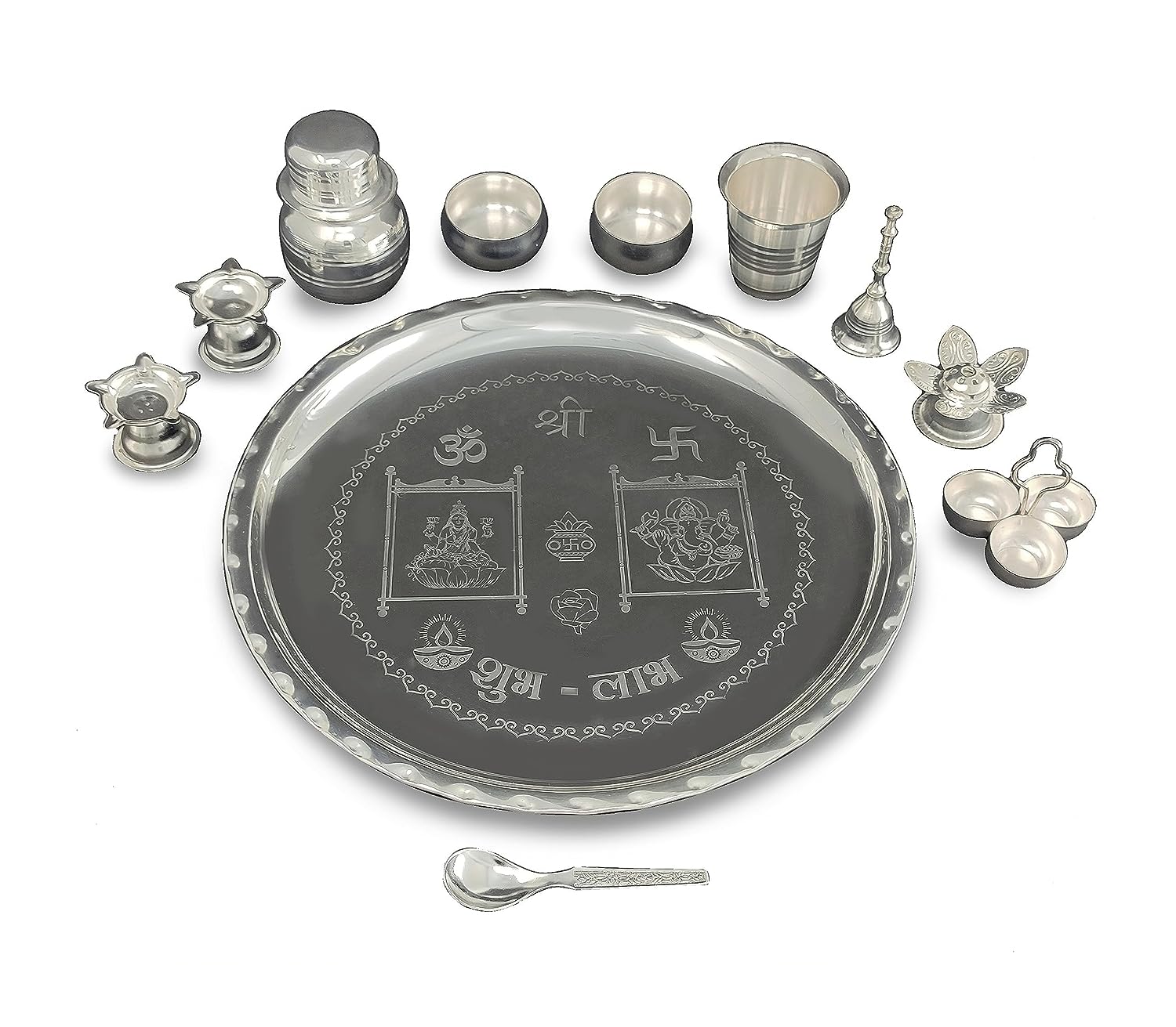 BENGALEN 12 Inch Silver Plated Pooja Thali Set with Accessories Daily Puja Decorative Gifts for Home Office Mandir Diwali Wedding Return Gift Items