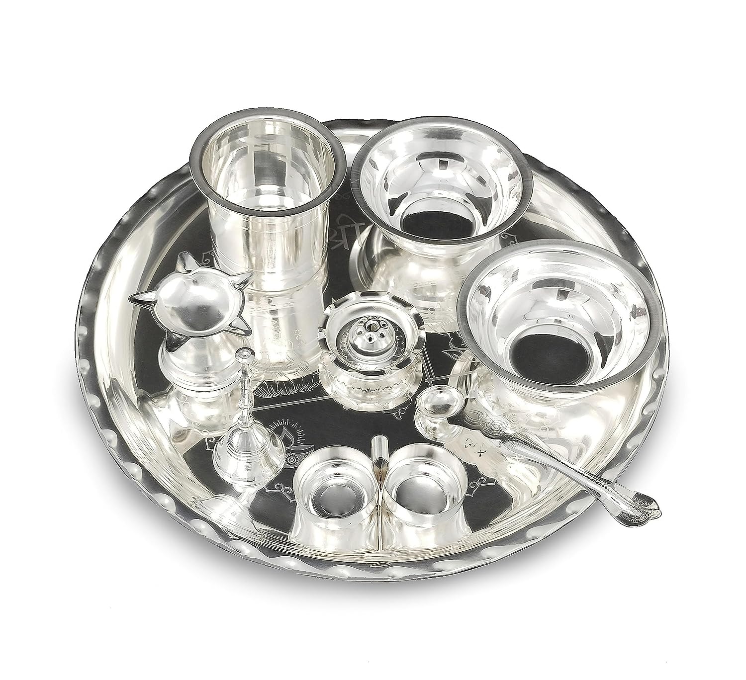 BENGALEN 12 Inch Silver Plated Pooja Thali Set with Accessories Daily Puja Decorative Gifts for Home Office Mandir Diwali Wedding Return Gift Items