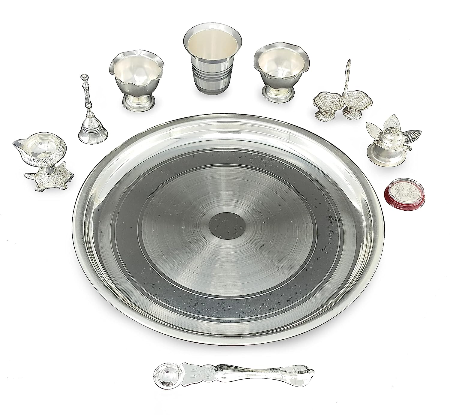 BENGALEN Silver Plated Pooja Thali Set 12 Inch with Accessories Daily Puja Decorative Item for Diwali Mandir Home Office Wedding Return Gift Items