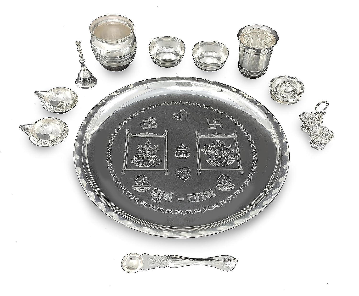 BENGALEN 12 Inch Silver Plated Pooja Thali Set with Accessories Daily Puja Decorative Gifts for Home Office Mandir Diwali Wedding Return Gift Items
