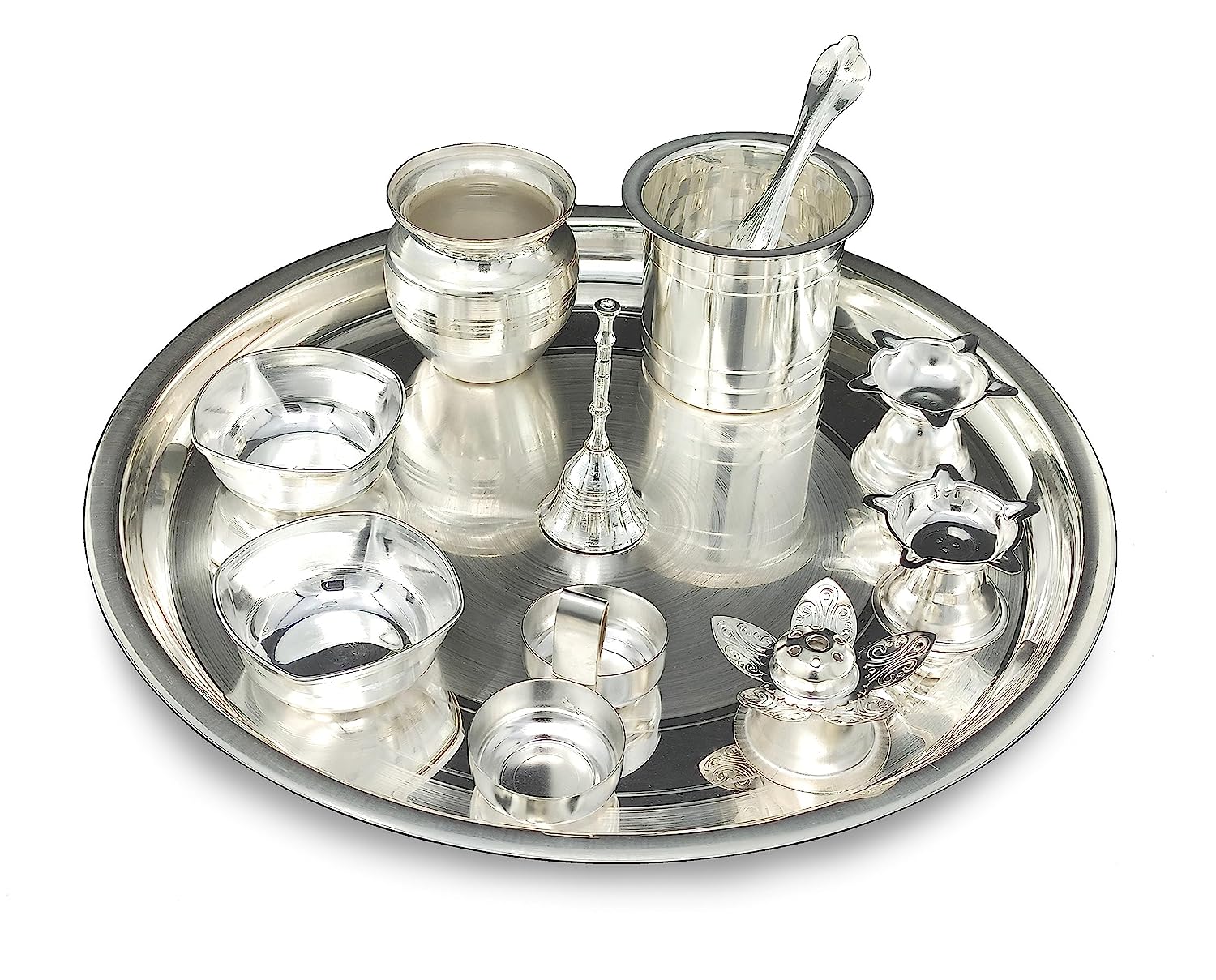 BENGALEN Silver Plated Pooja Thali Set 12 Inch with Accessories Decorative Puja Gifts for Daily Mandir Home Office Diwali Wedding Return Gift Items