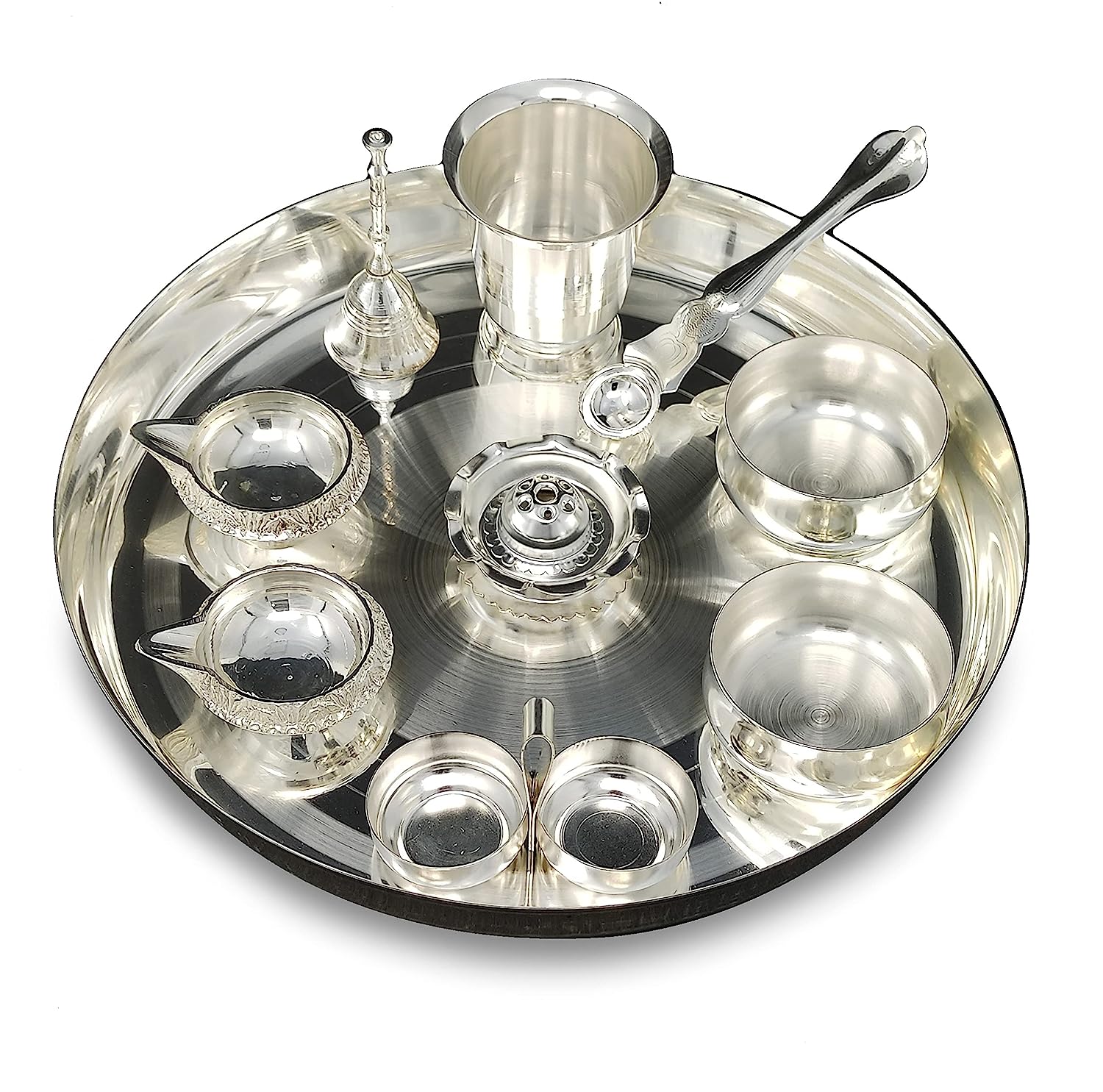 BENGALEN Silver Plated Pooja Thali Set 12 Inch with Accessories Daily Puja Decorative Item for Home Mandir Office Diwali Wedding Return Gift Items
