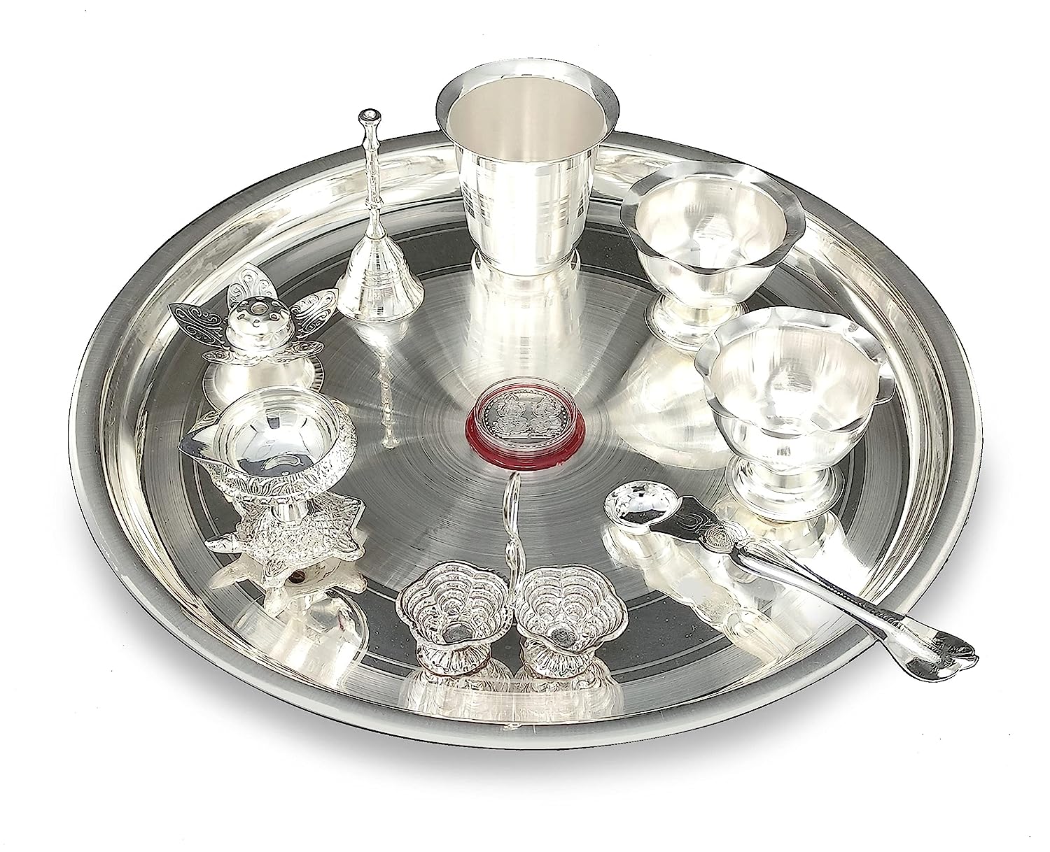 BENGALEN Silver Plated Pooja Thali Set 12 Inch with Accessories Daily Puja Decorative Item for Diwali Mandir Home Office Wedding Return Gift Items