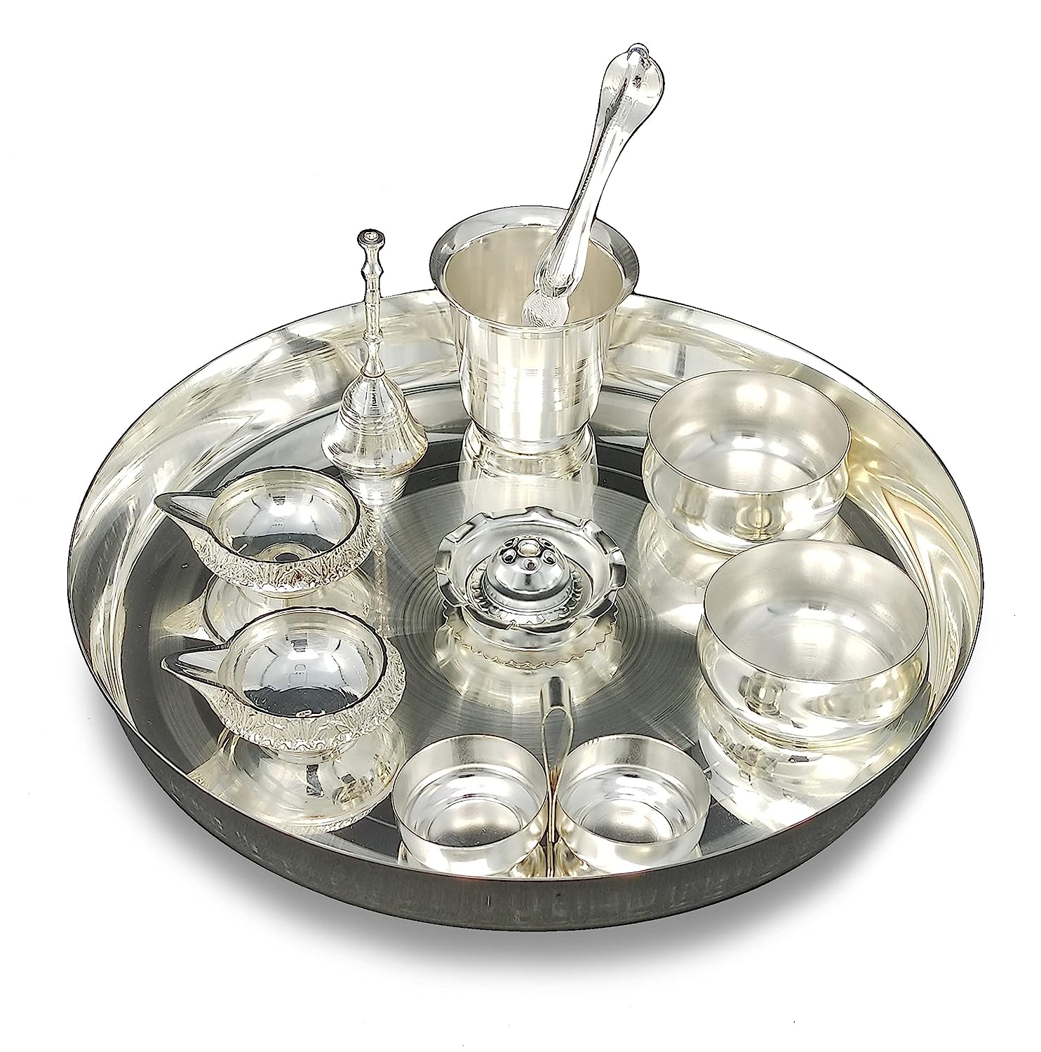 BENGALEN Silver Plated Pooja Thali Set 12 Inch with Accessories Daily Puja Decorative Item for Home Mandir Office Diwali Wedding Return Gift Items