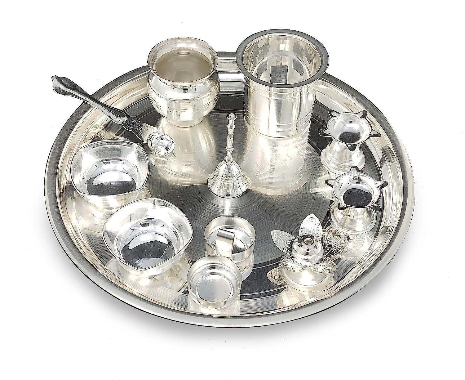 BENGALEN Silver Plated Pooja Thali Set 12 Inch with Accessories Decorative Puja Gifts for Daily Mandir Home Office Diwali Wedding Return Gift Items
