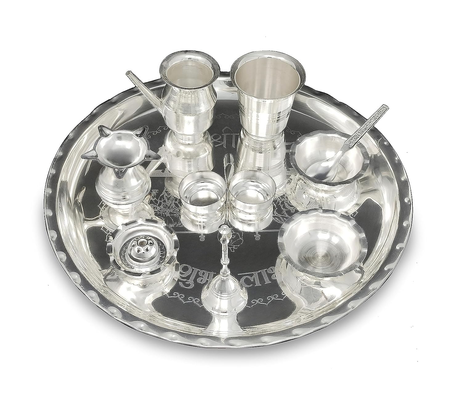 BENGALEN 12 Inch Silver Plated Pooja Thali Set with Accessories Daily Puja Decorative Gifts for Home Office Mandir Diwali Wedding Return Gift Items