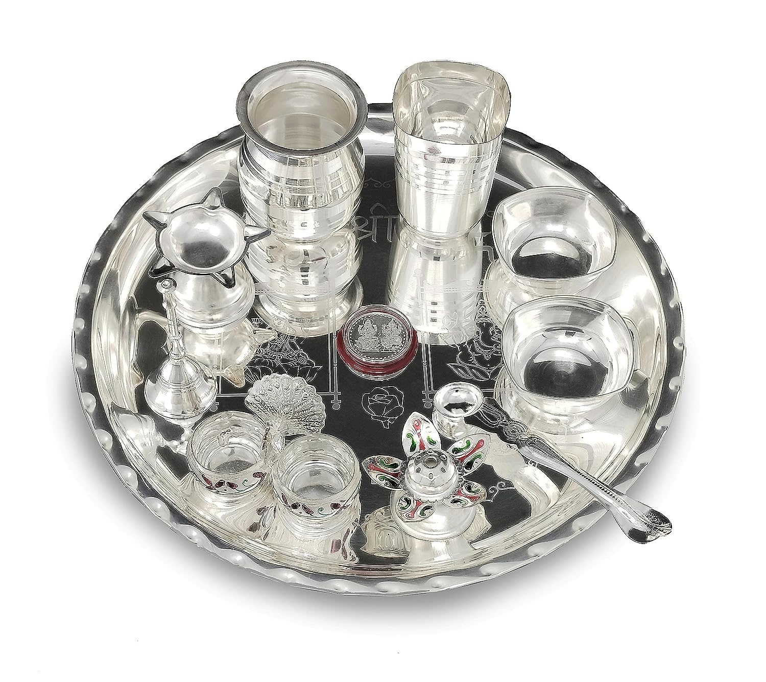 BENGALEN 12 Inch Silver Plated Pooja Thali Set with Accessories Daily Puja Decorative Gifts for Home Office Mandir Diwali Wedding Return Gift Items