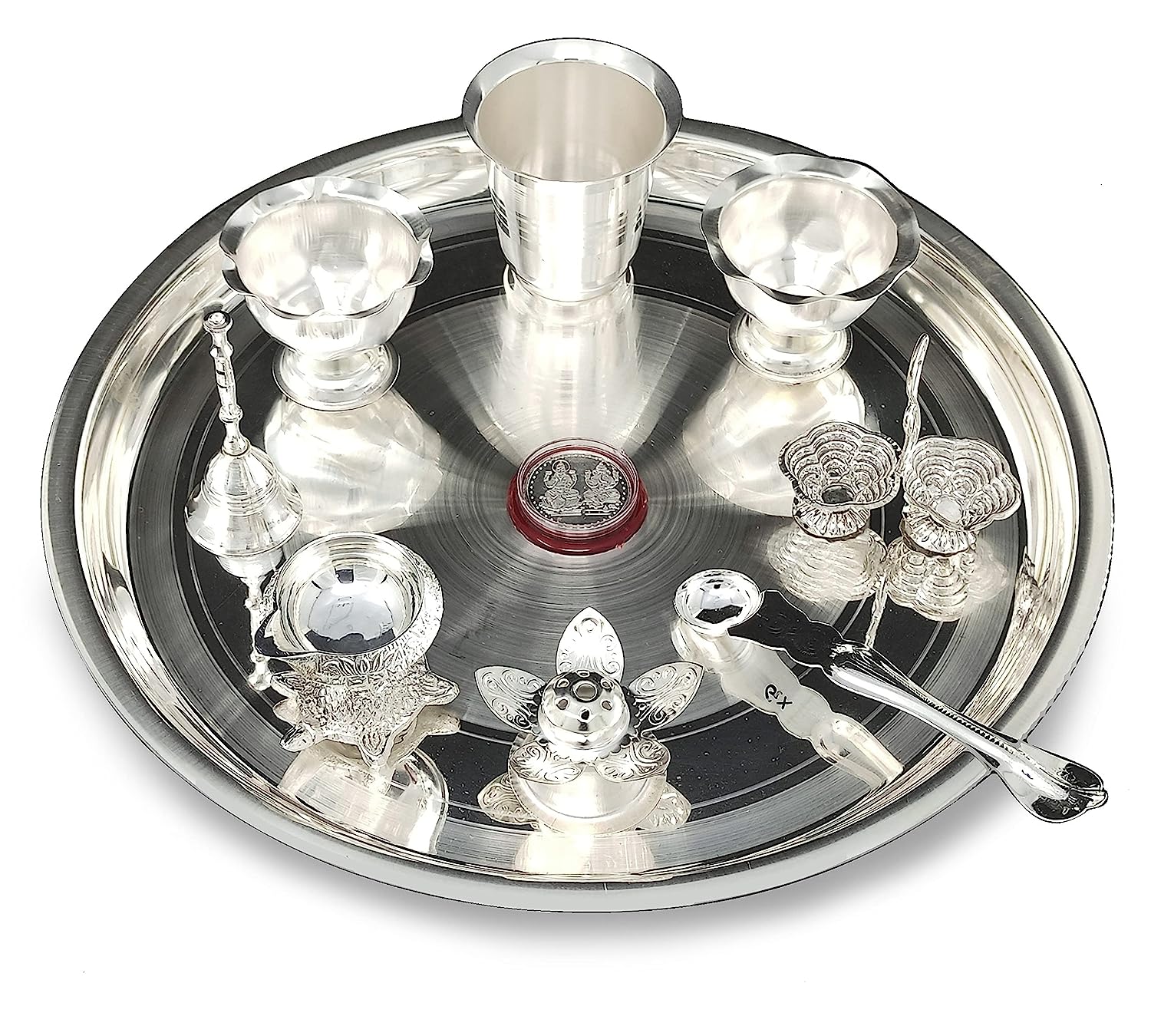 BENGALEN Silver Plated Pooja Thali Set 12 Inch with Accessories Daily Puja Decorative Item for Diwali Mandir Home Office Wedding Return Gift Items