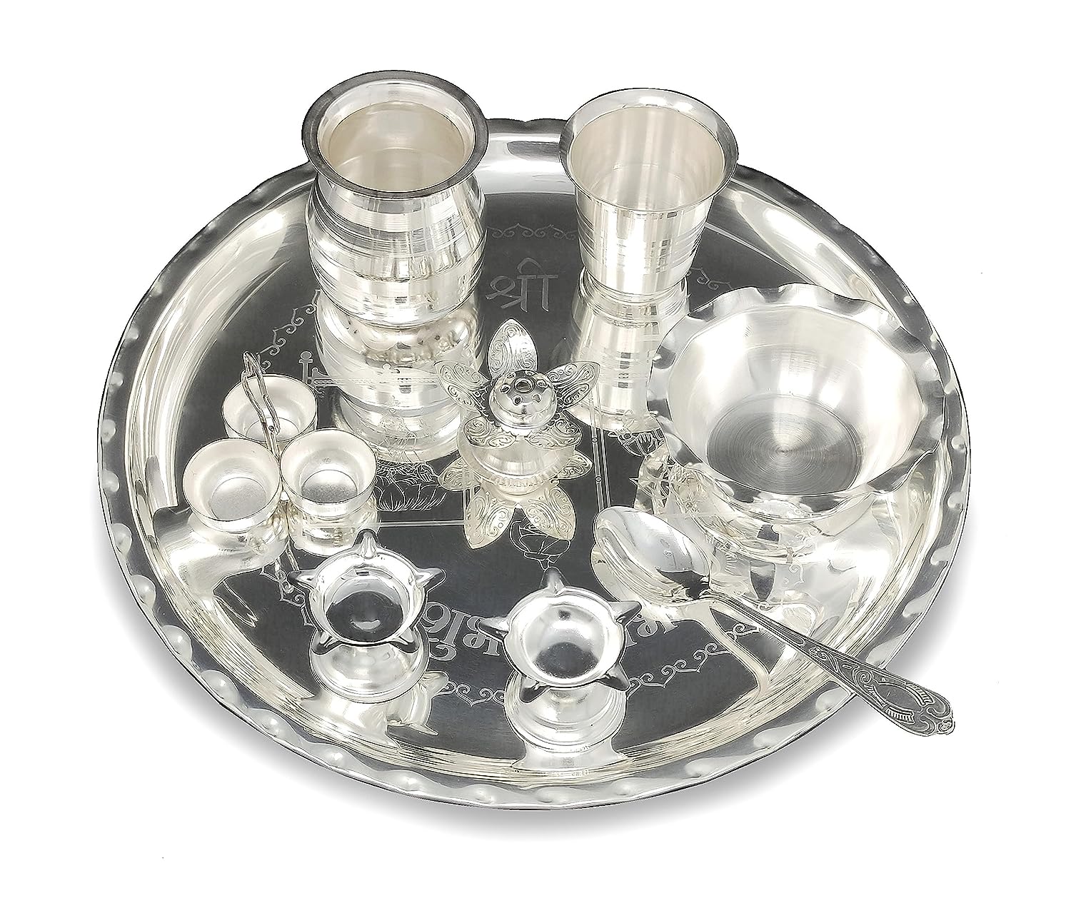 BENGALEN 12 Inch Silver Plated Pooja Thali Set with Accessories Daily Puja Decorative Gifts for Home Office Mandir Diwali Wedding Return Gift Items