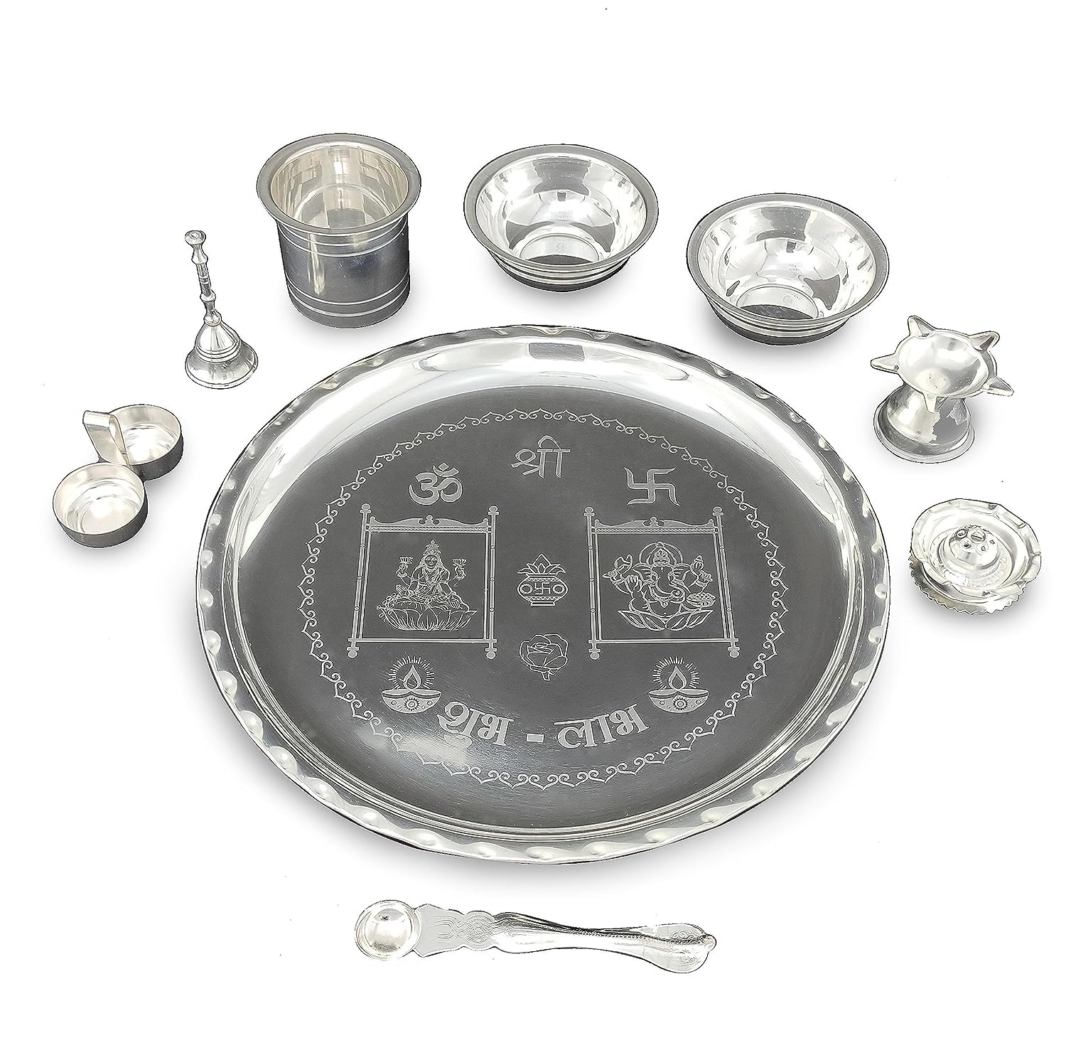 BENGALEN 12 Inch Silver Plated Pooja Thali Set with Accessories Daily Puja Decorative Gifts for Home Office Mandir Diwali Wedding Return Gift Items