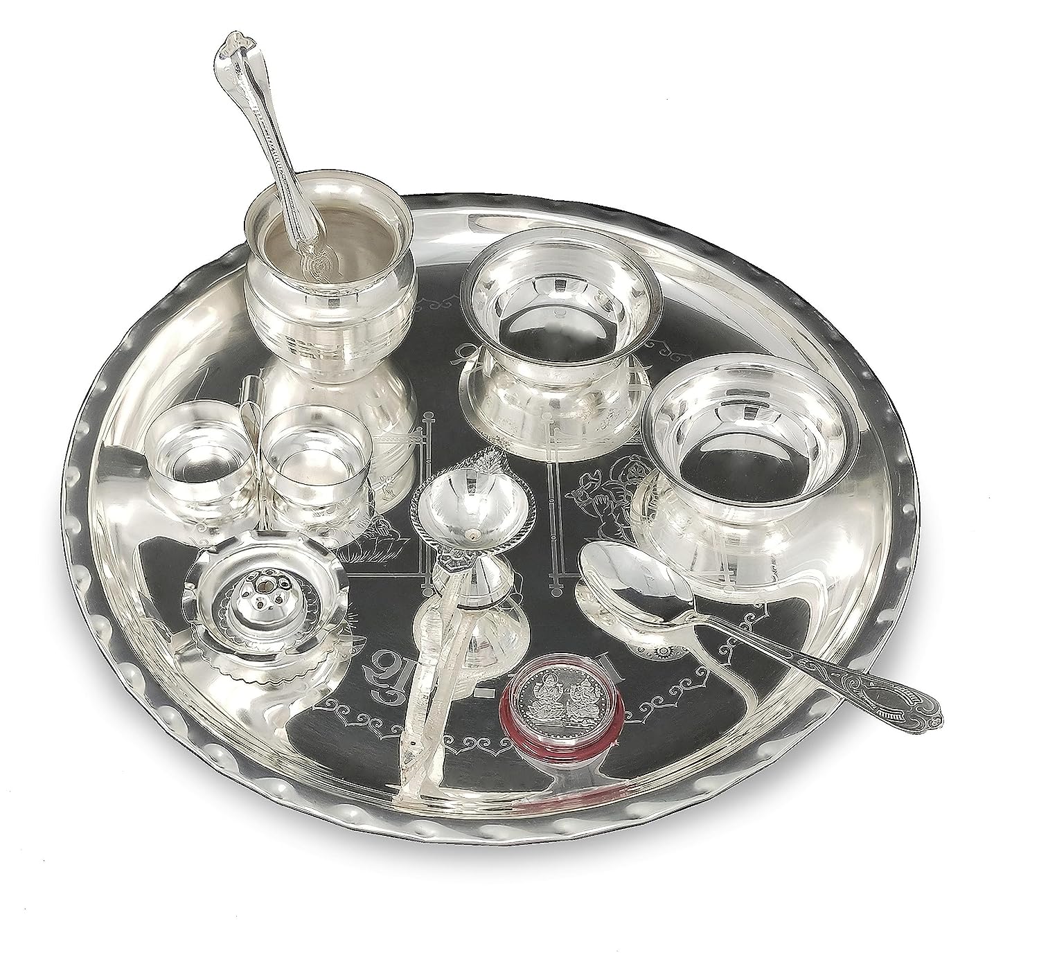 BENGALEN 12 Inch Silver Plated Pooja Thali Set with Accessories Daily Puja Decorative Gifts for Home Office Mandir Diwali Wedding Return Gift Items