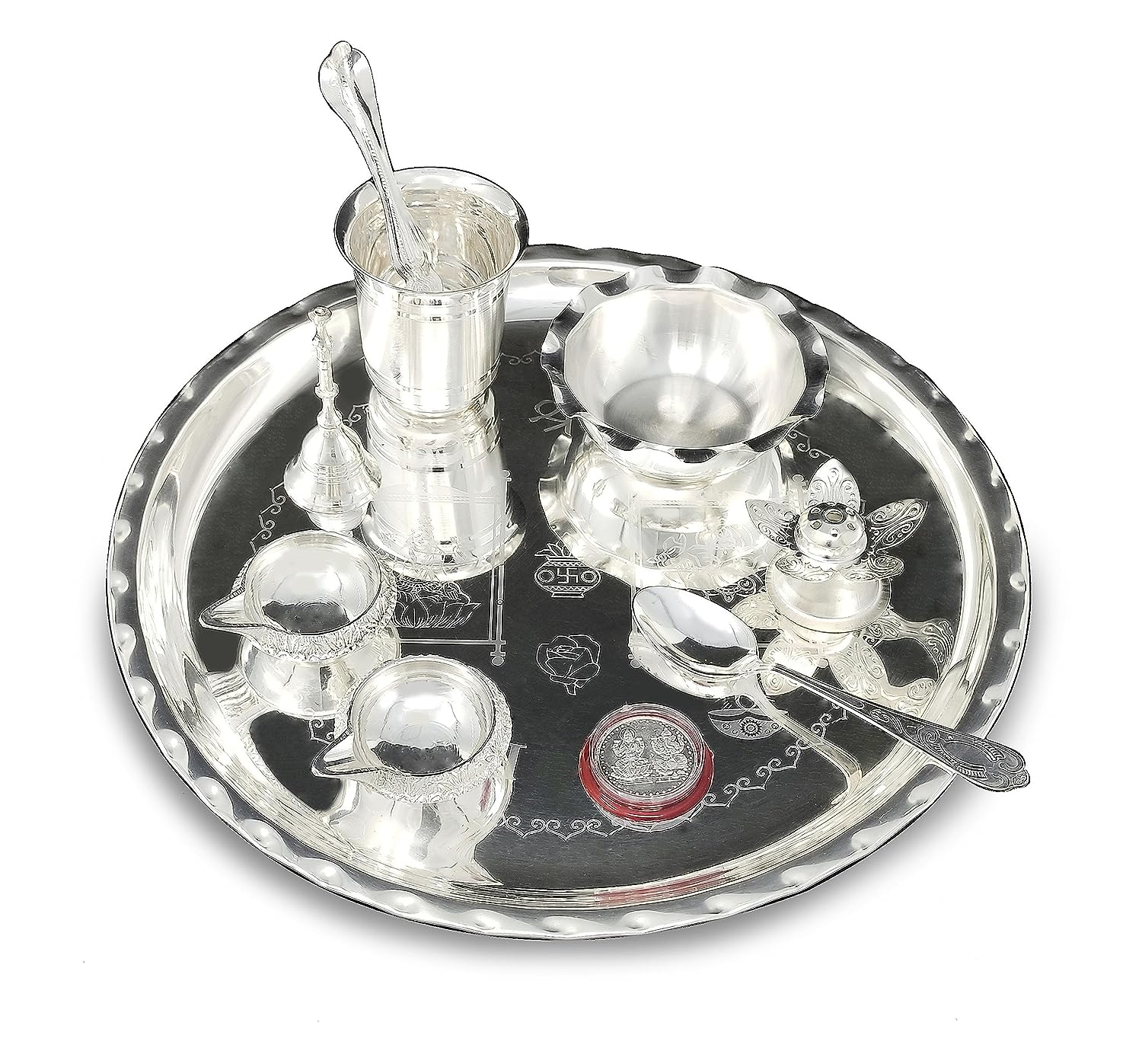 BENGALEN 12 Inch Silver Plated Pooja Thali Set with Accessories Daily Puja Decorative Gifts for Home Office Mandir Diwali Wedding Return Gift Items