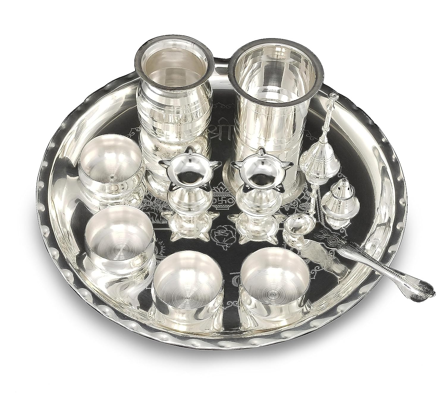 BENGALEN 12 Inch Silver Plated Pooja Thali Set with Accessories Daily Puja Decorative Gifts for Home Office Mandir Diwali Wedding Return Gift Items