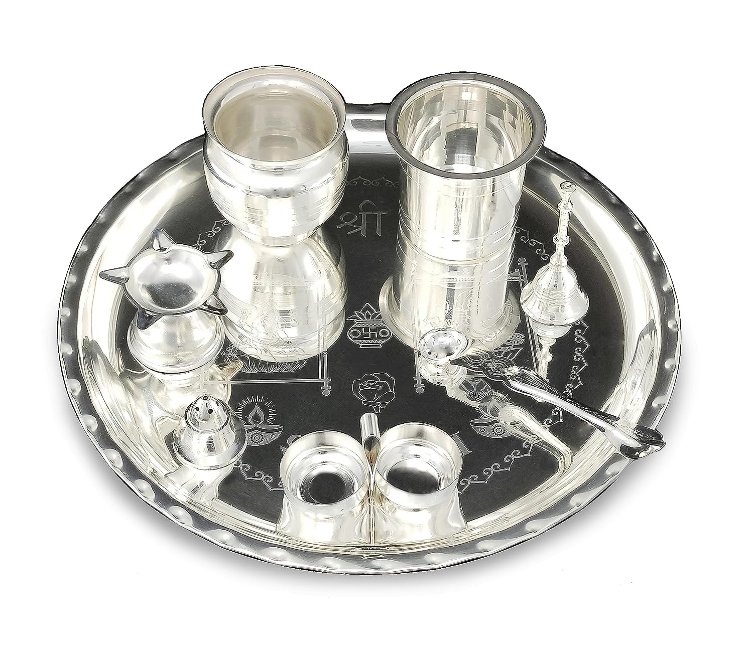BENGALEN Silver Plated Pooja Thali Set 12 Inch with Accessories Daily Puja Decorative Gifts for Home Office Mandir Diwali Wedding Return Gift Items