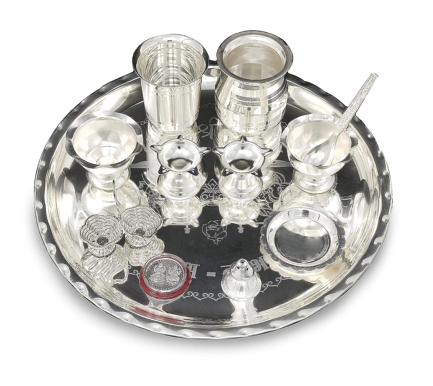 BENGALEN 12 Inch Silver Plated Pooja Thali Set with Accessories Daily Puja Decorative Gifts for Home Office Mandir Diwali Wedding Return Gift Items