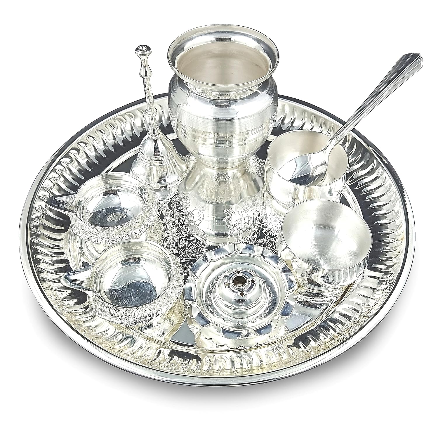 Bengalen Premium Ganesh Lakshmi Design Silver Plated Pooja Thali Set 08 Inch with for for Festival Ethnic Puja Thali