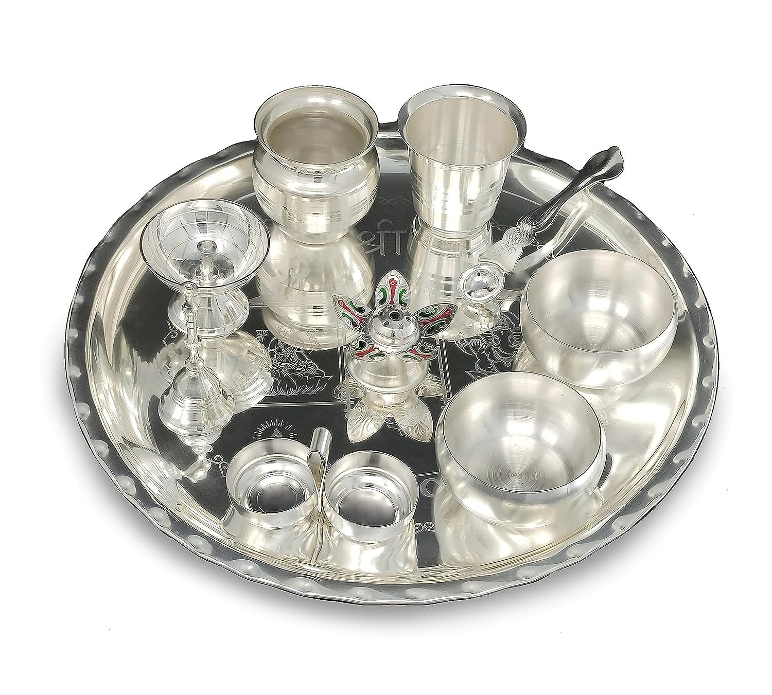 BENGALEN 12 Inch Silver Plated Pooja Thali Set with Accessories Daily Puja Decorative Gifts for Home Office Mandir Diwali Wedding Return Gift Items