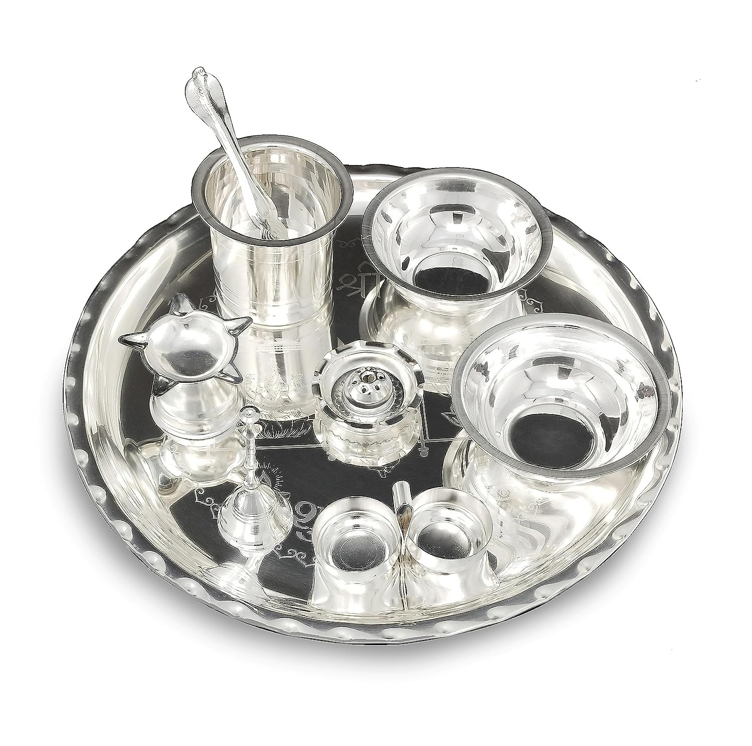 BENGALEN 12 Inch Silver Plated Pooja Thali Set with Accessories Daily Puja Decorative Gifts for Home Office Mandir Diwali Wedding Return Gift Items