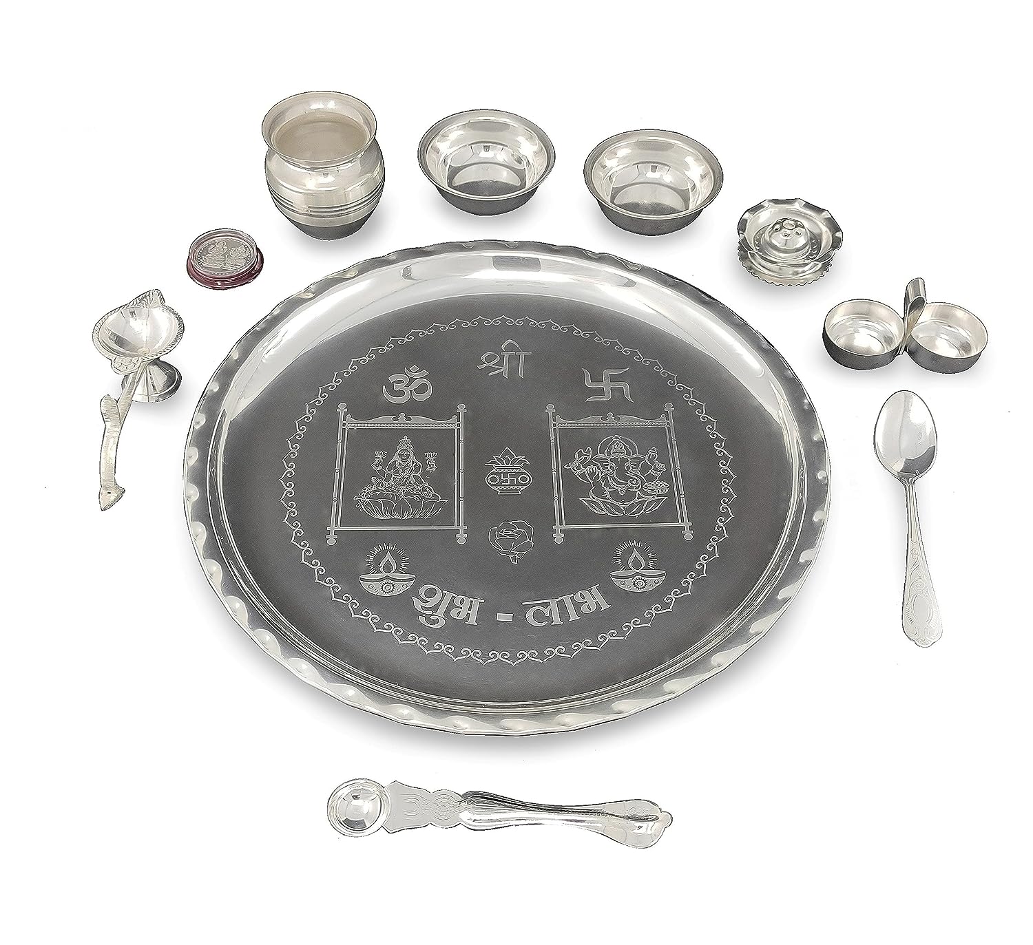 BENGALEN 12 Inch Silver Plated Pooja Thali Set with Accessories Daily Puja Decorative Gifts for Home Office Mandir Diwali Wedding Return Gift Items