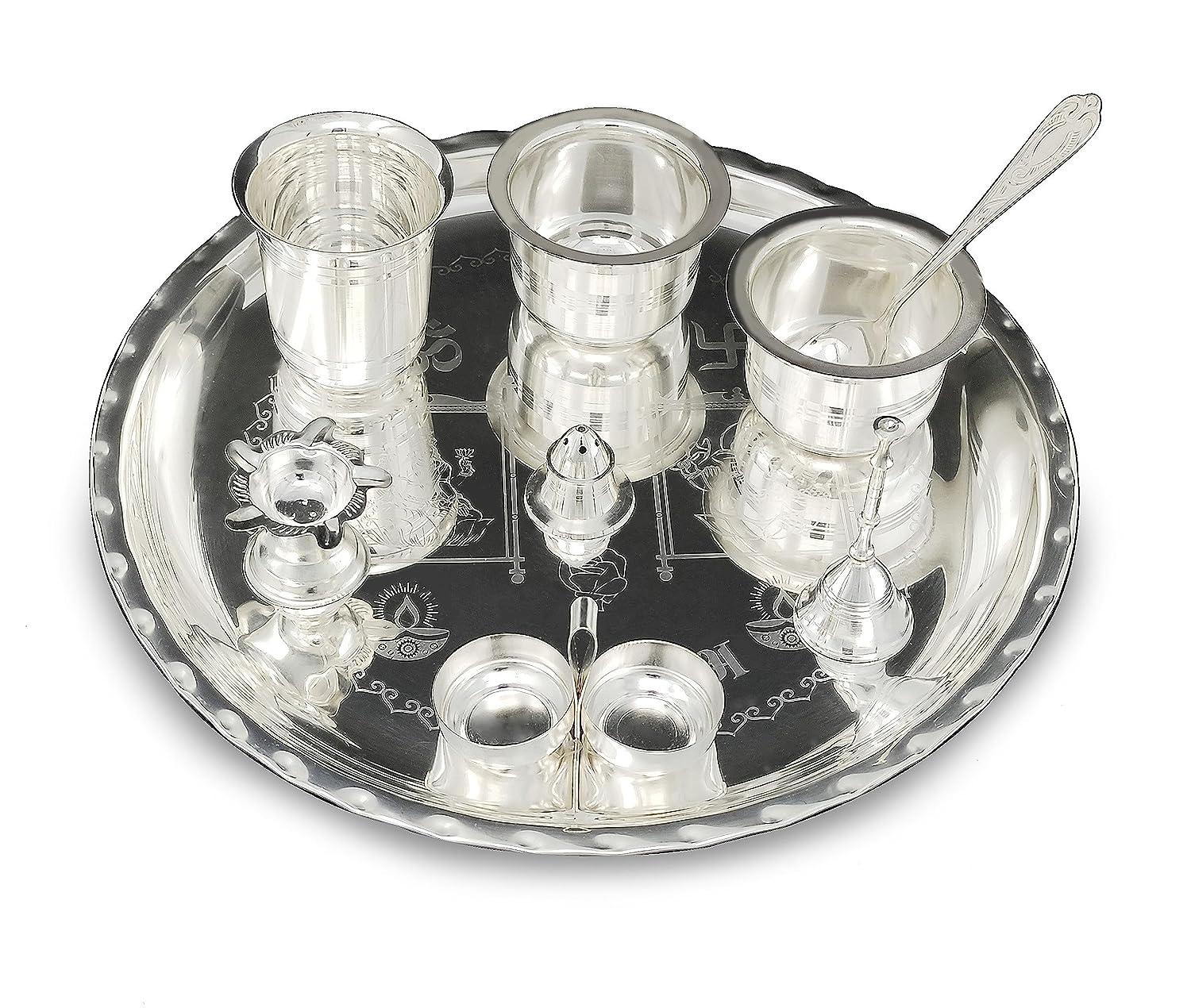 BENGALEN 12 Inch Silver Plated Pooja Thali Set with Accessories Daily Puja Decorative Gifts for Home Office Mandir Diwali Wedding Return Gift Items