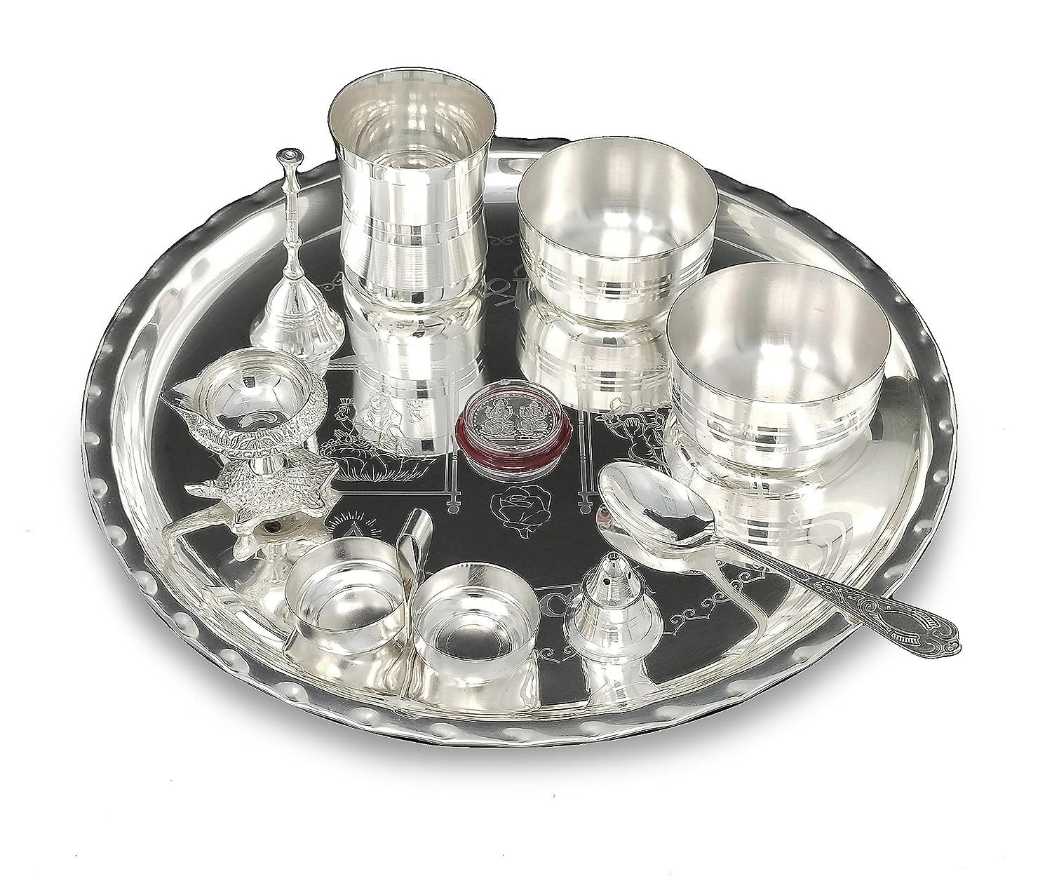 BENGALEN 12 Inch Silver Plated Pooja Thali Set with Accessories Daily Puja Decorative Gifts for Home Office Mandir Diwali Wedding Return Gift Items