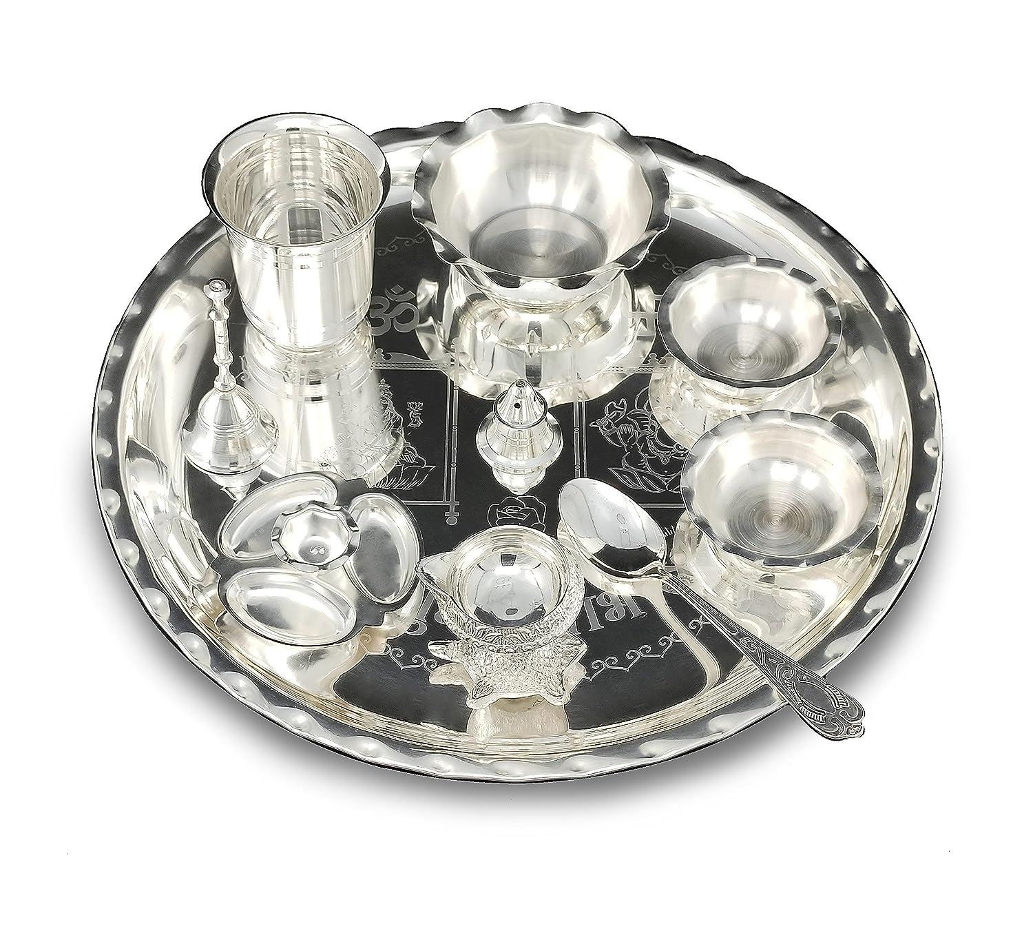BENGALEN 12 Inch Silver Plated Pooja Thali Set with Accessories Daily Puja Decorative Gifts for Home Office Mandir Diwali Wedding Return Gift Items