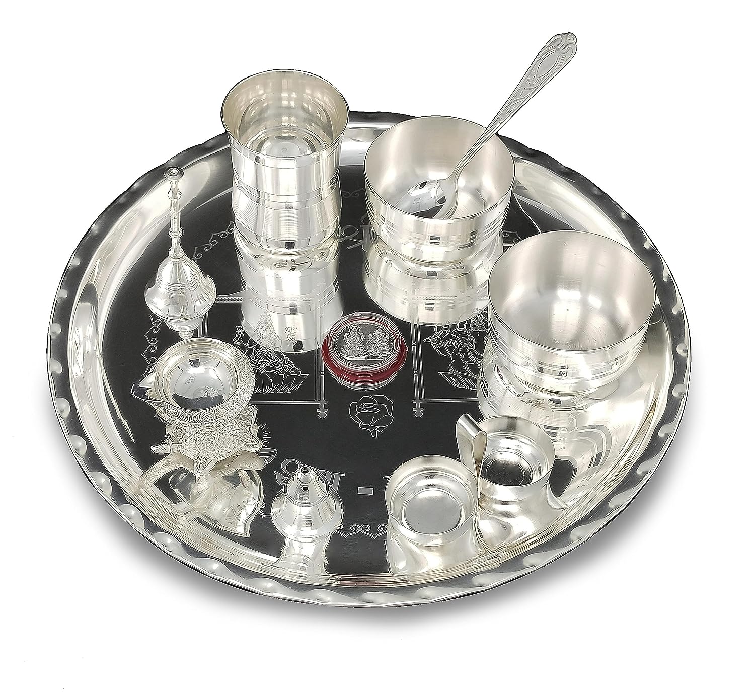 BENGALEN 12 Inch Silver Plated Pooja Thali Set with Accessories Daily Puja Decorative Gifts for Home Office Mandir Diwali Wedding Return Gift Items