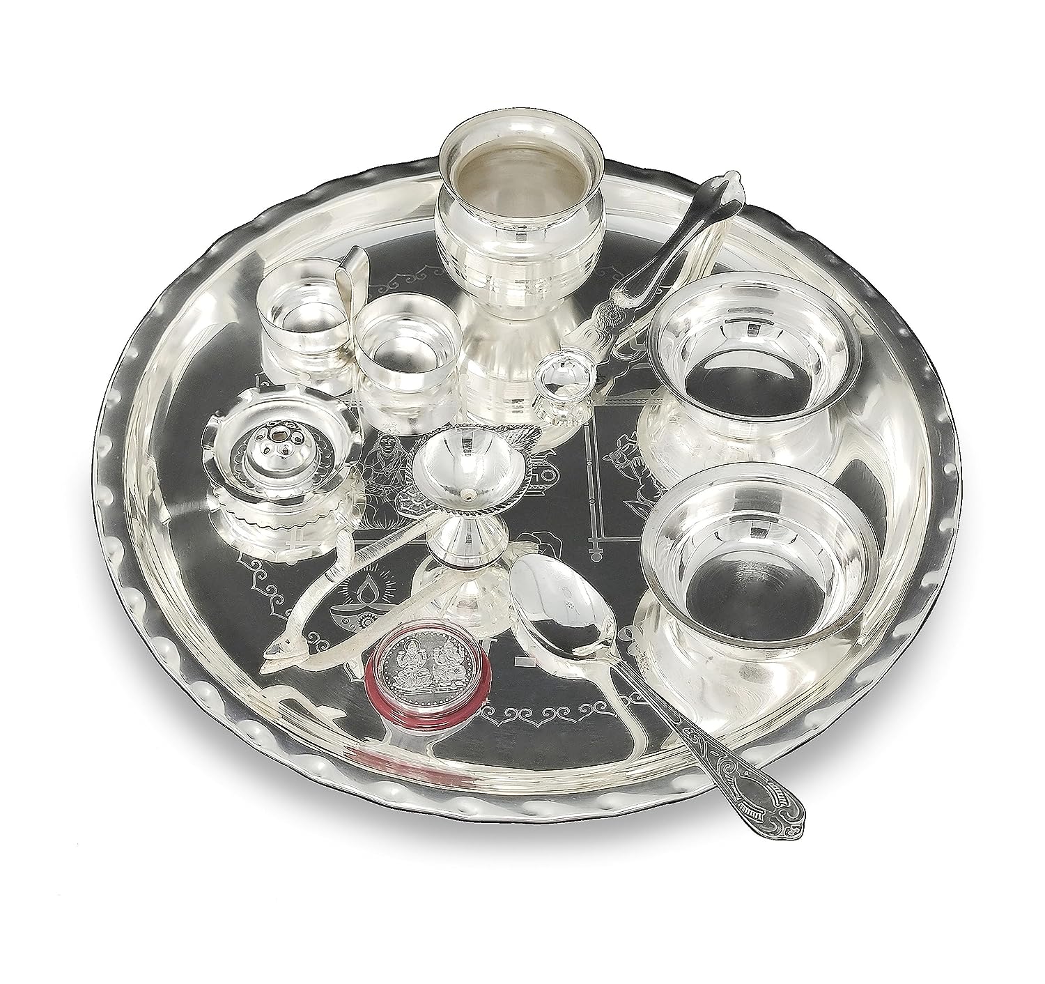 BENGALEN 12 Inch Silver Plated Pooja Thali Set with Accessories Daily Puja Decorative Gifts for Home Office Mandir Diwali Wedding Return Gift Items