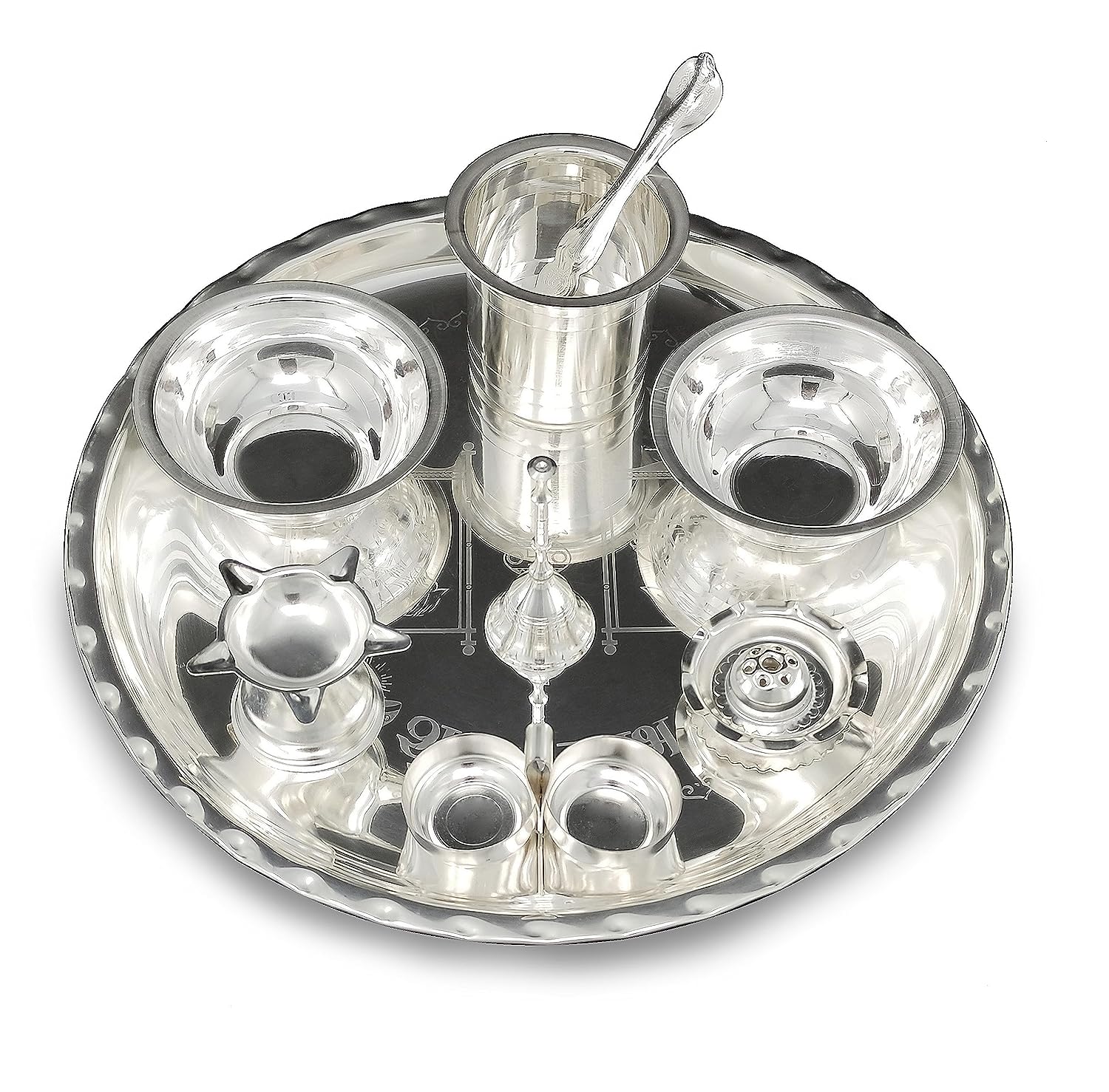 BENGALEN 12 Inch Silver Plated Pooja Thali Set with Accessories Daily Puja Decorative Gifts for Home Office Mandir Diwali Wedding Return Gift Items